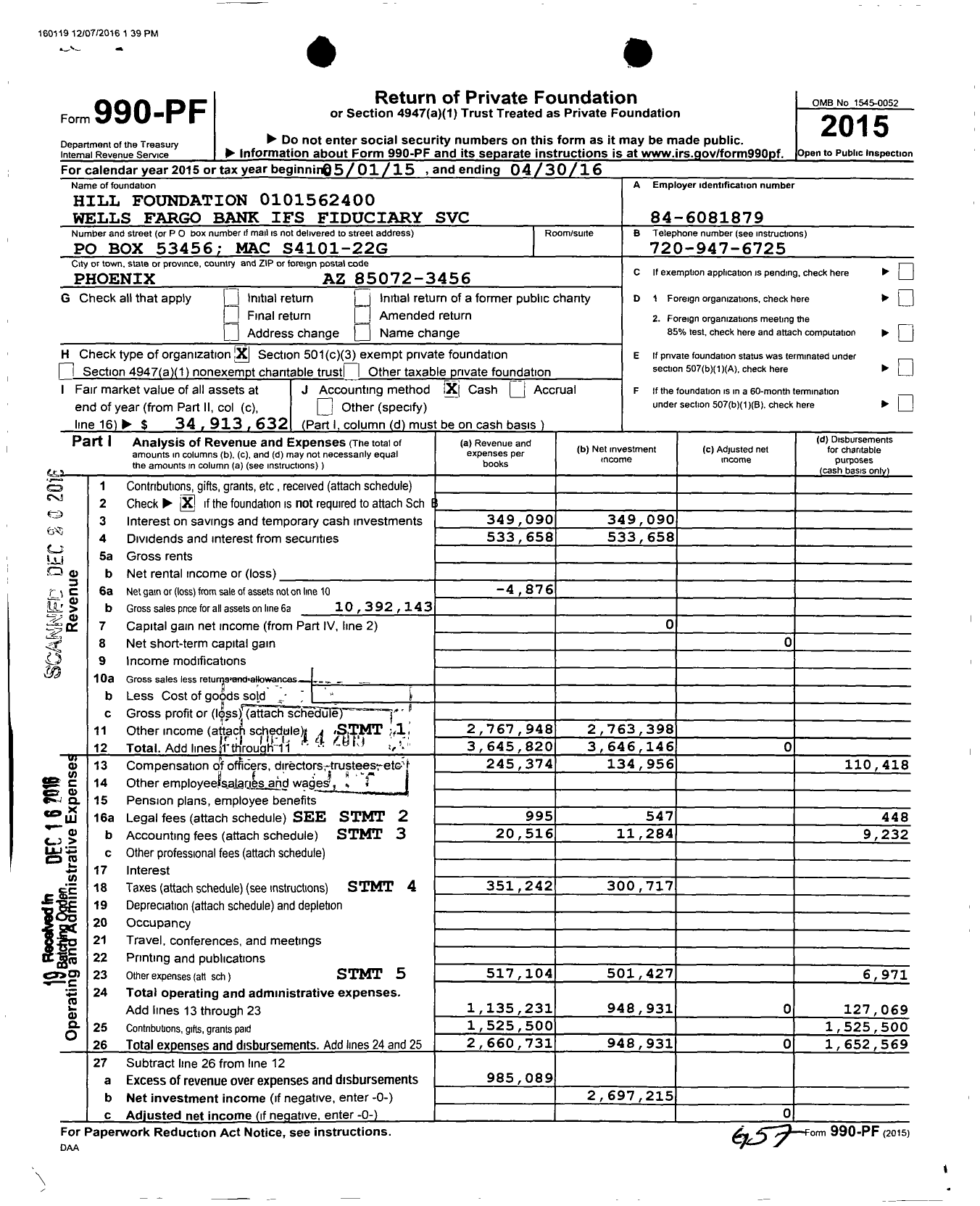 Image of first page of 2015 Form 990PF for Hill Foundation Wells Fargo Bank Na