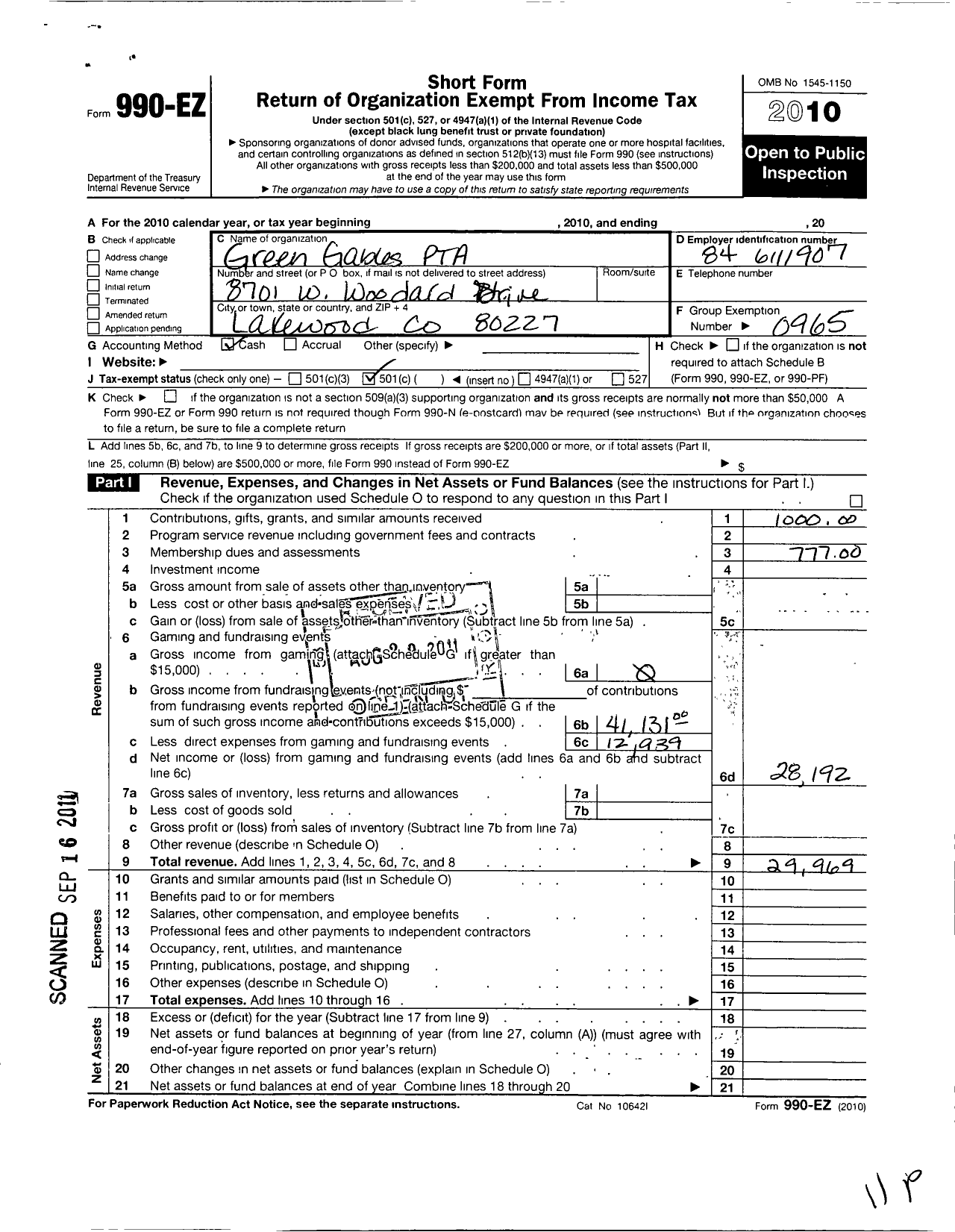 Image of first page of 2010 Form 990EO for PTA Colorado Congress / Green Gables PTA