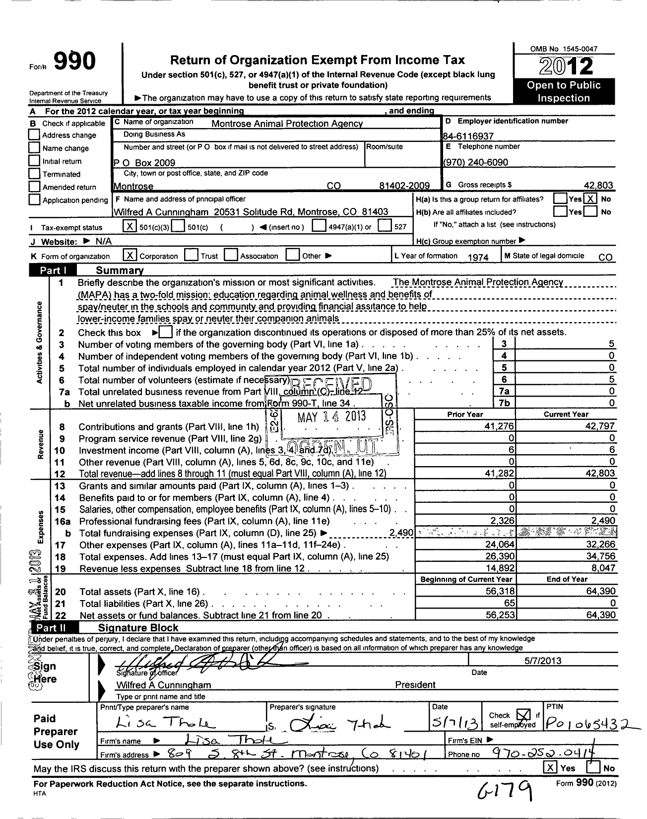 Image of first page of 2012 Form 990 for Montrose Animal Protection Agency