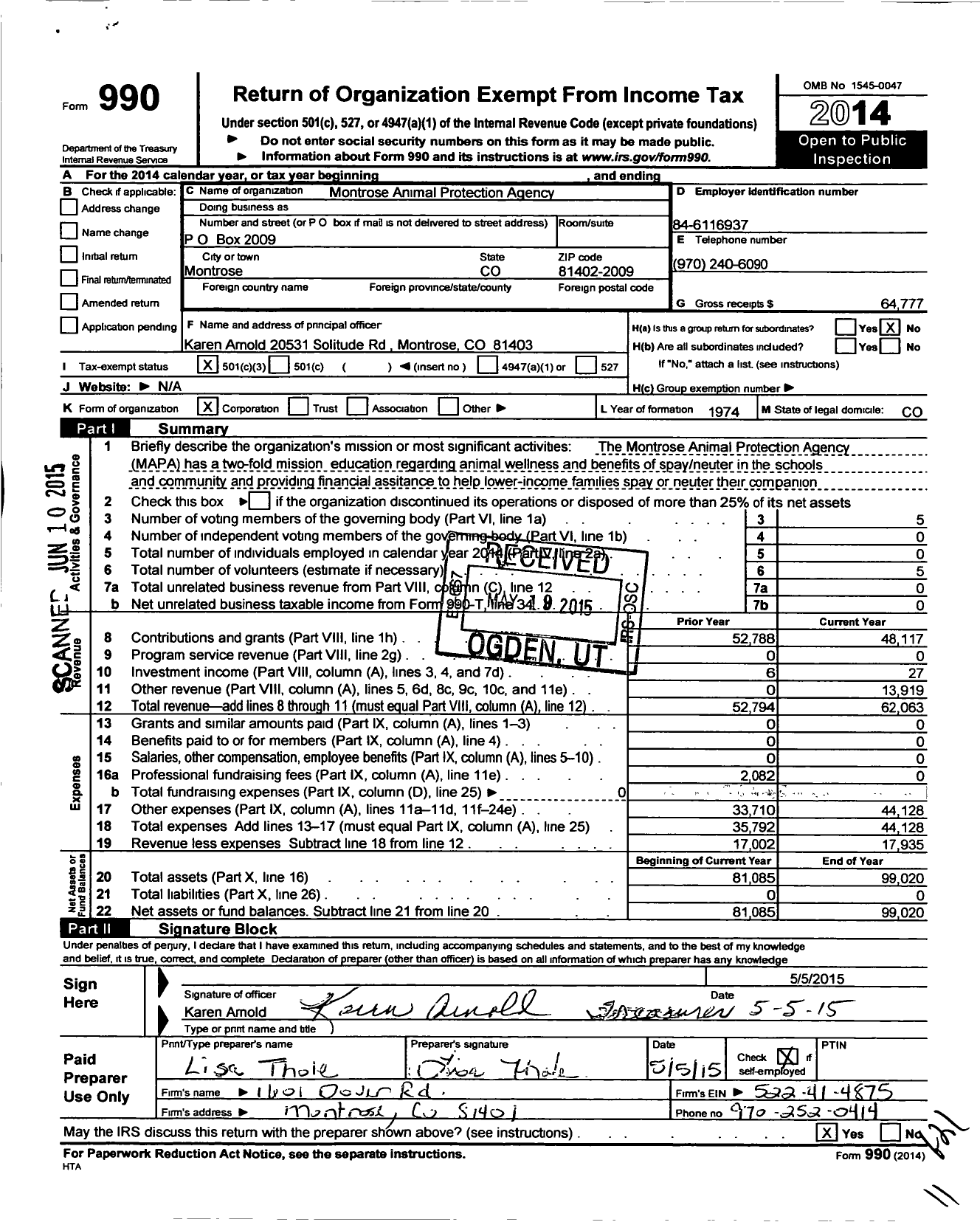 Image of first page of 2014 Form 990 for Montrose Animal Protection Agency