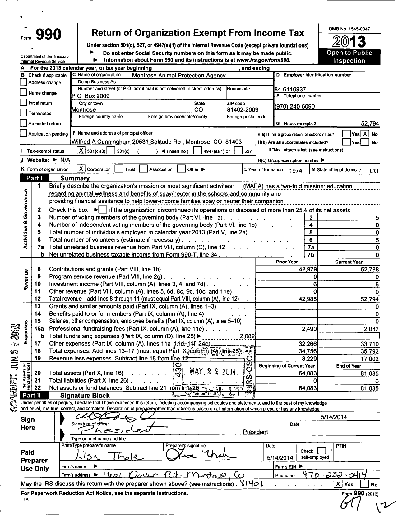 Image of first page of 2013 Form 990 for Montrose Animal Protection Agency