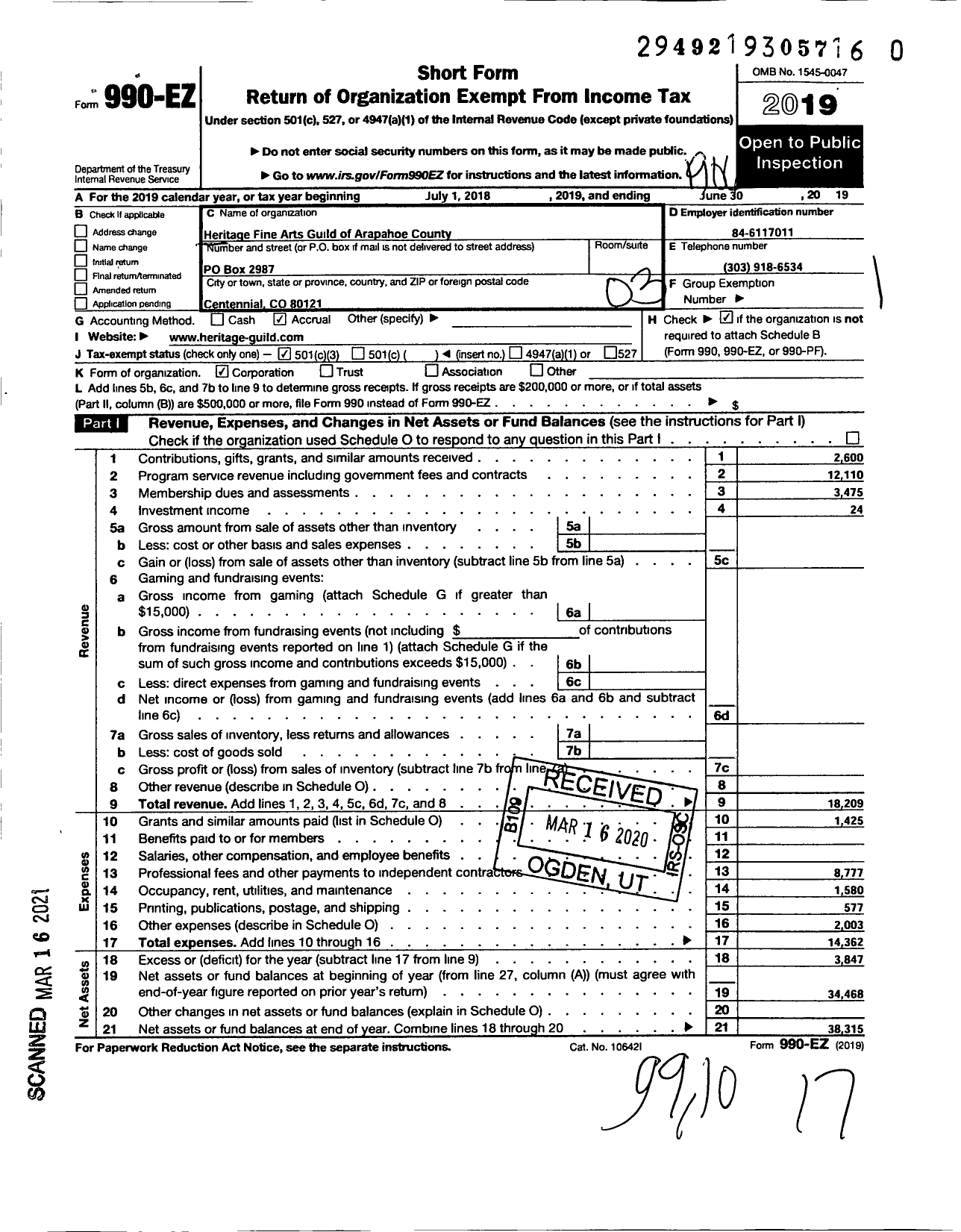 Image of first page of 2018 Form 990EZ for Heritage Fine Arts Guild of Arapahoe County