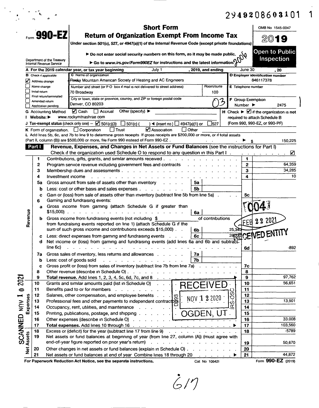 Image of first page of 2019 Form 990EZ for American Society of Heating Refrigerating and A-C Engineers / Rocky Mountain