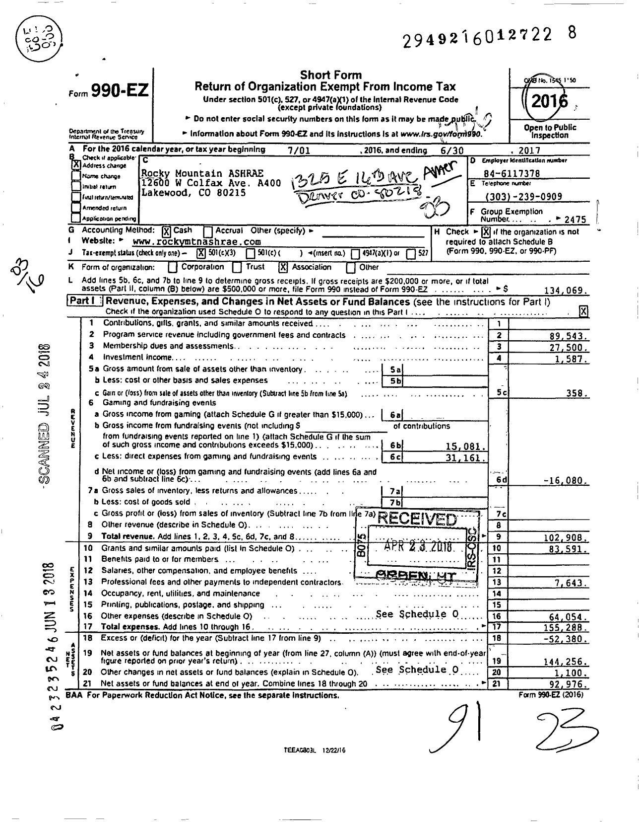 Image of first page of 2016 Form 990EZ for American Society of Heating Refrigerating and A-C Engineers / Rocky Mountain