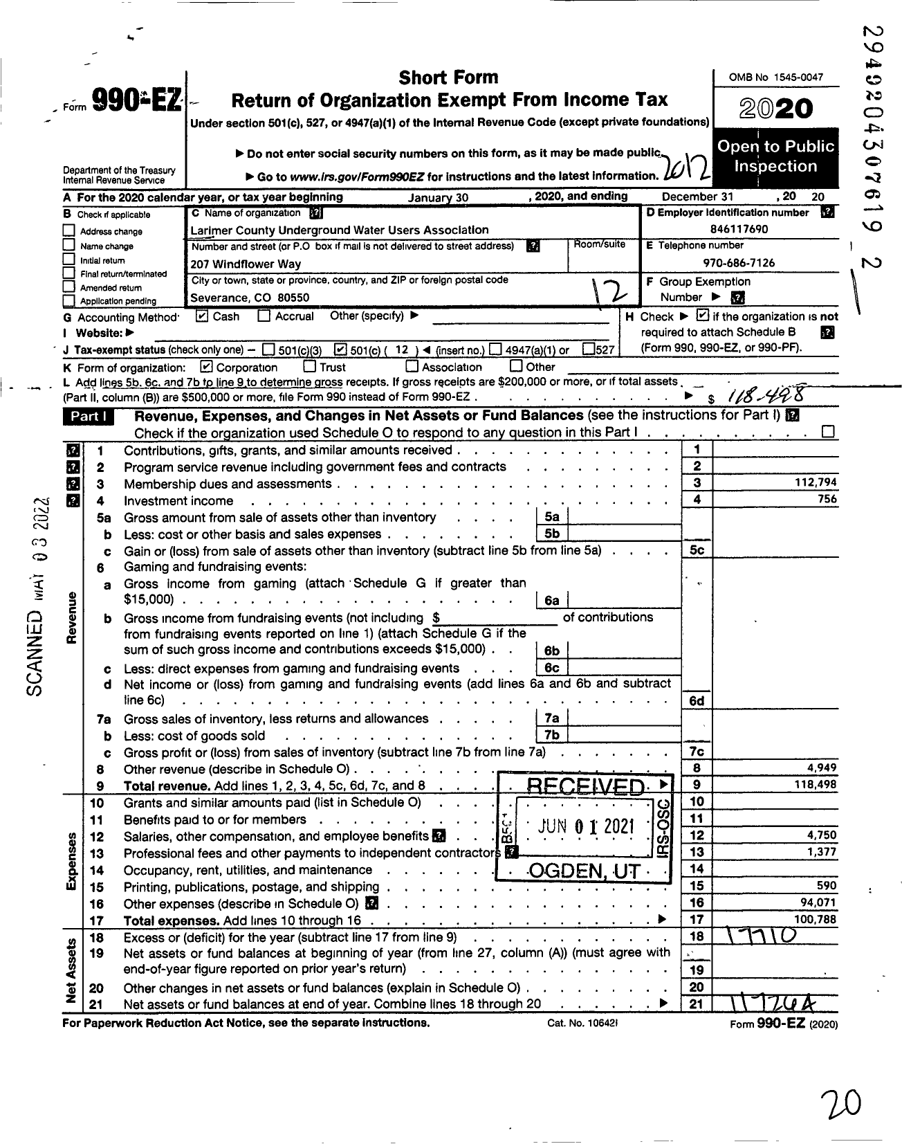 Image of first page of 2020 Form 990EO for Larimer County Underground Water Users Association