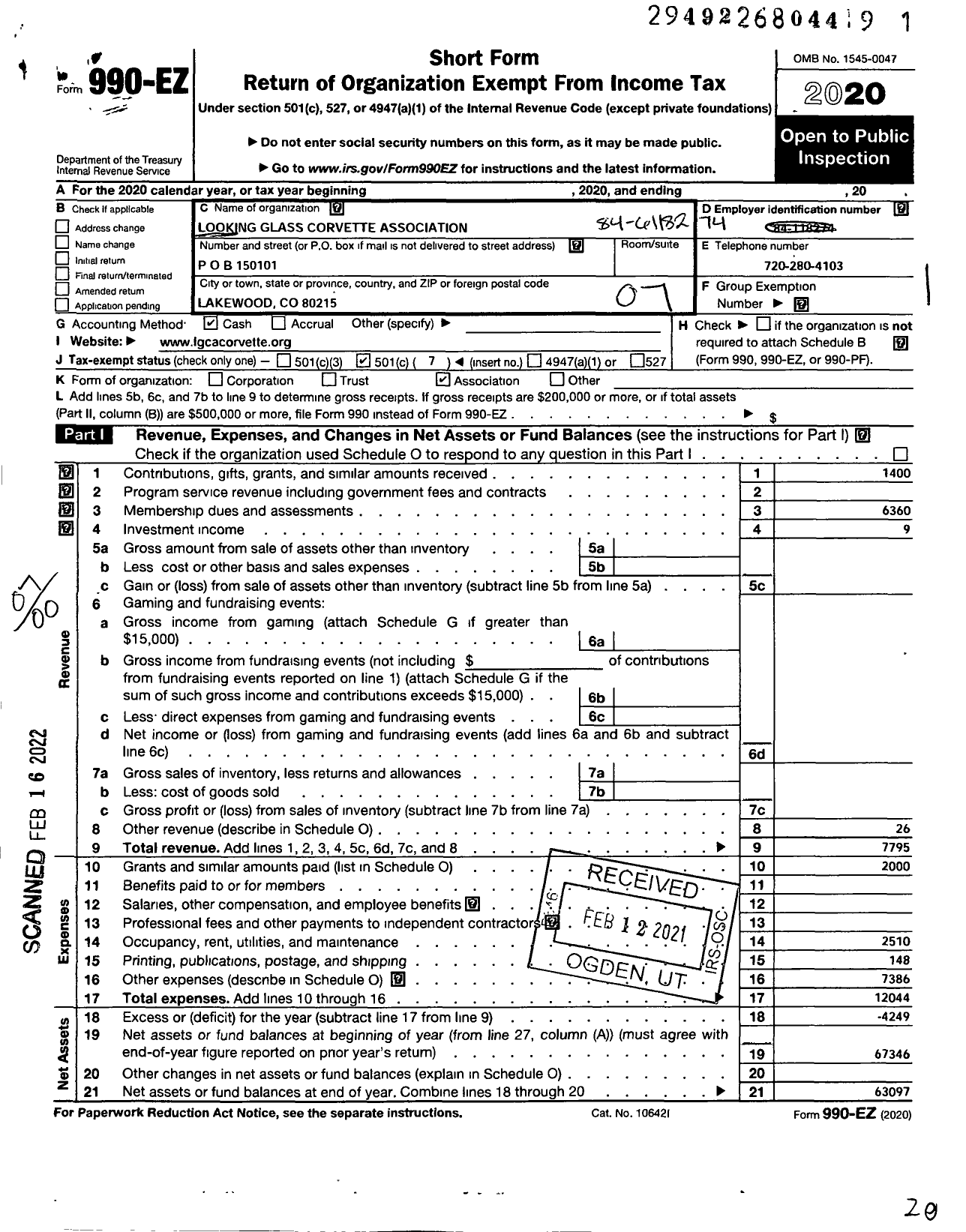 Image of first page of 2020 Form 990EO for Looking Glass Association