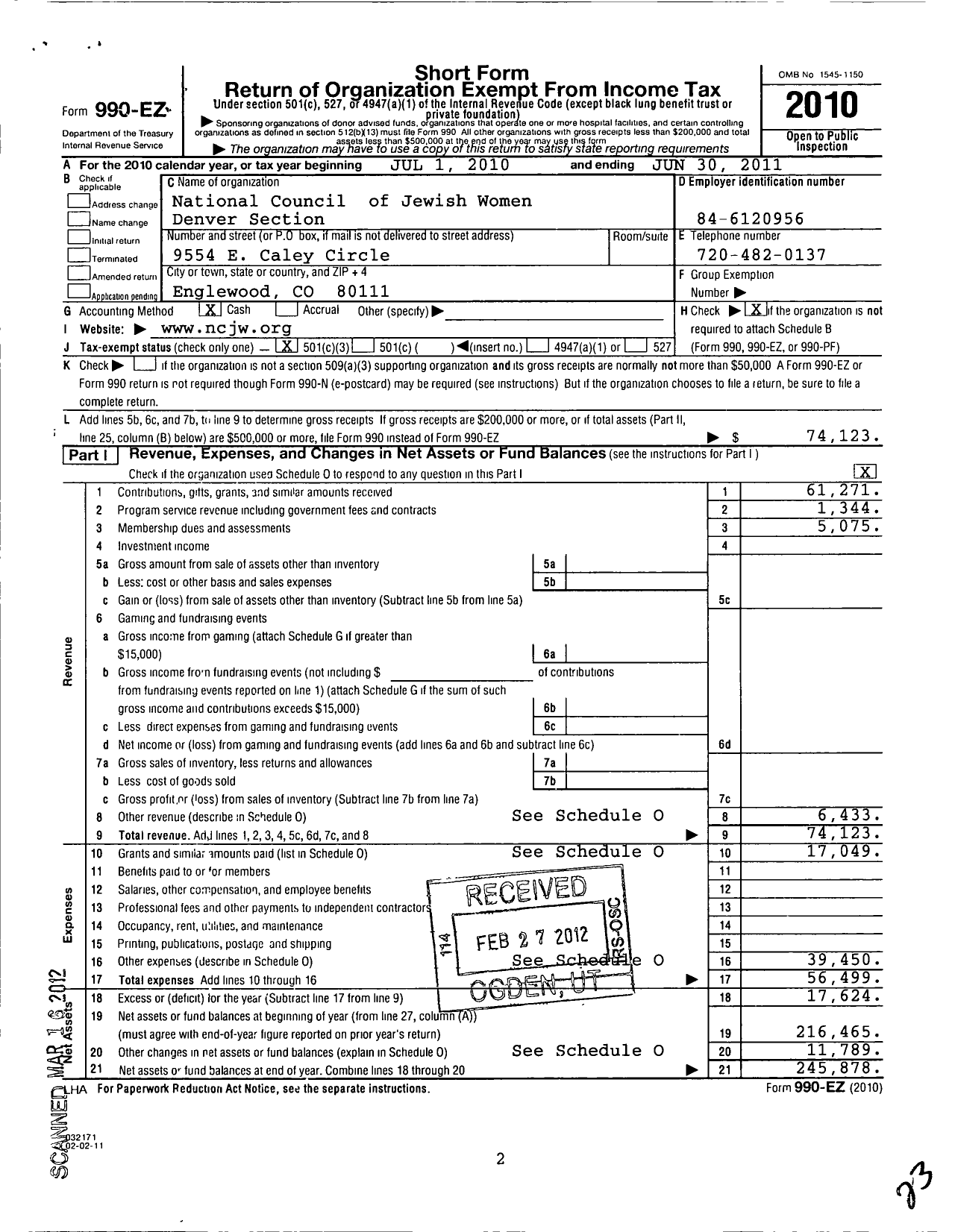 Image of first page of 2010 Form 990EZ for National COUNCIL OF JEWISH Women Incorporated / Colorado Section