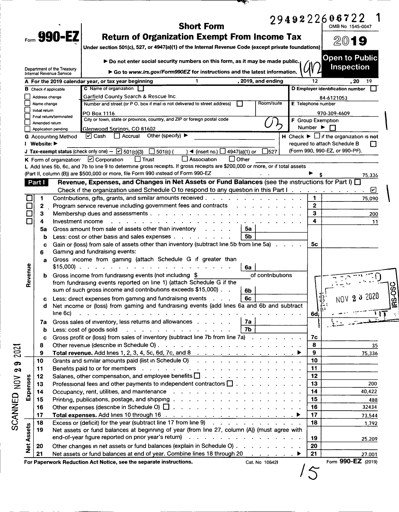 Image of first page of 2019 Form 990EZ for Garfield County Search and Rescue