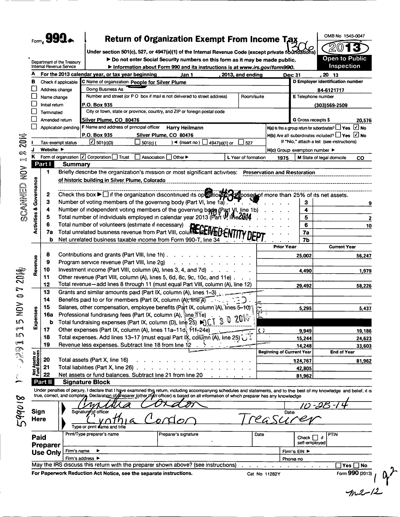 Image of first page of 2012 Form 990 for People for Silver Plume