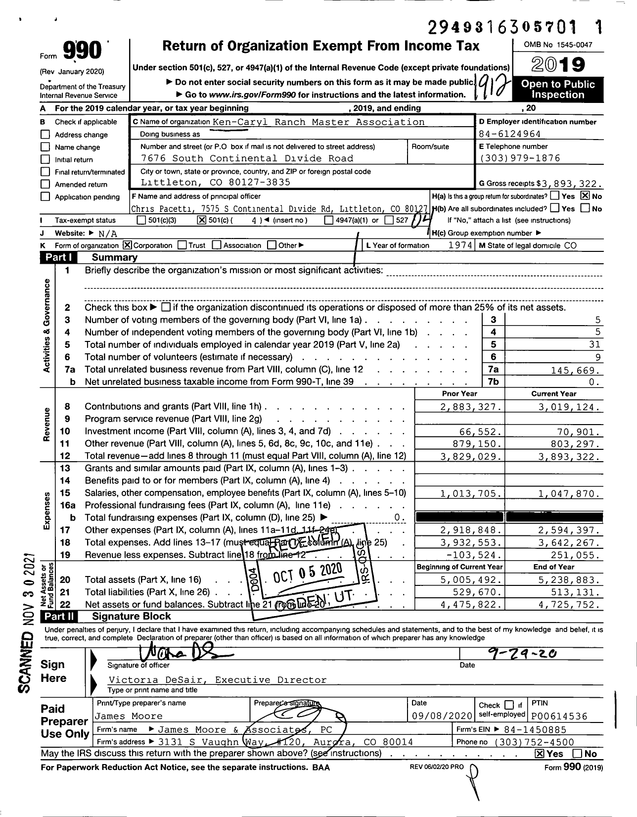 Image of first page of 2019 Form 990O for Ken-Caryl Ranch Master Association
