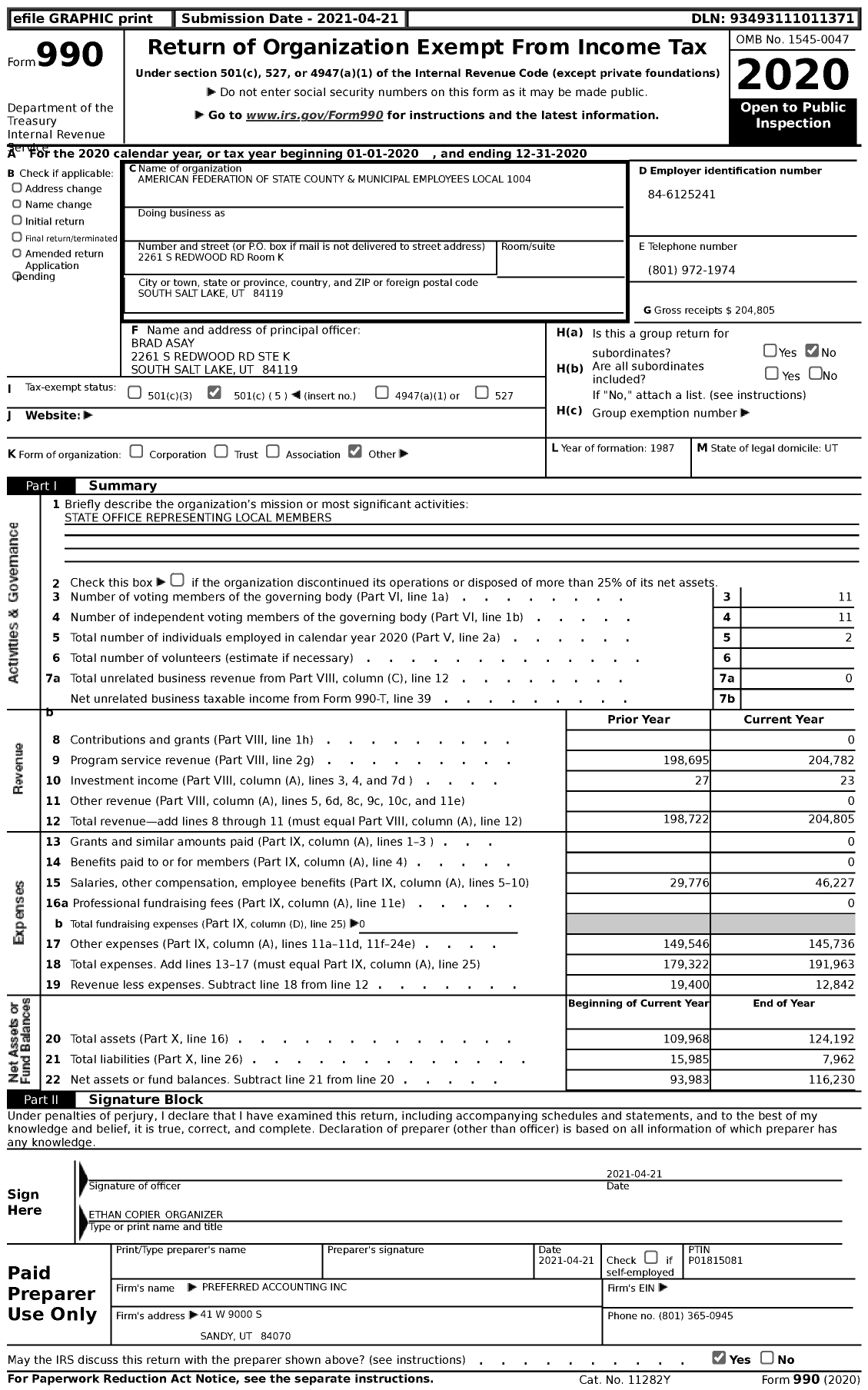 Image of first page of 2020 Form 990 for American Federation of State County & Municipal Employees - Efscme