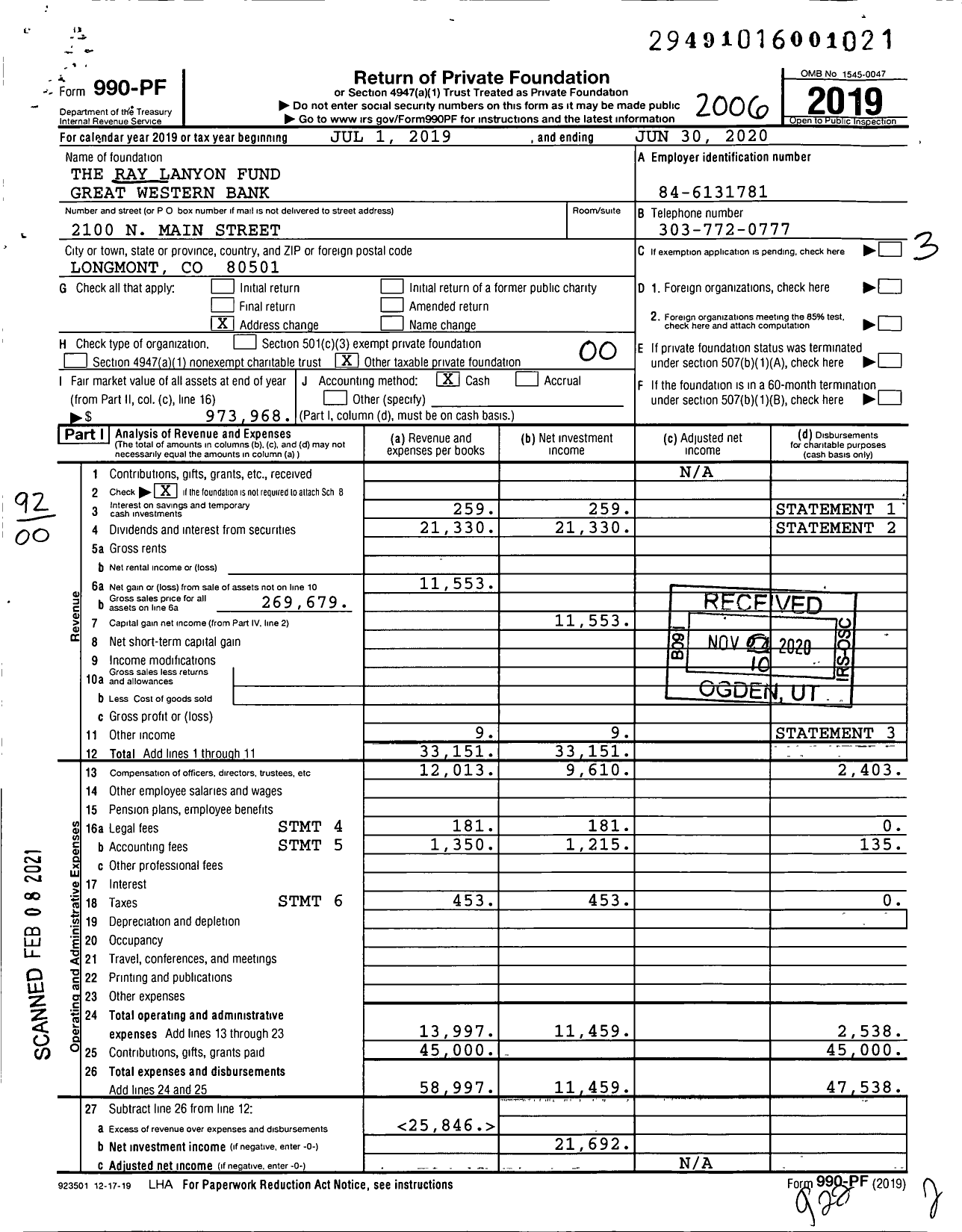 Image of first page of 2019 Form 990PF for The Ray Lanyon Fund First Interstate Bank Trustee