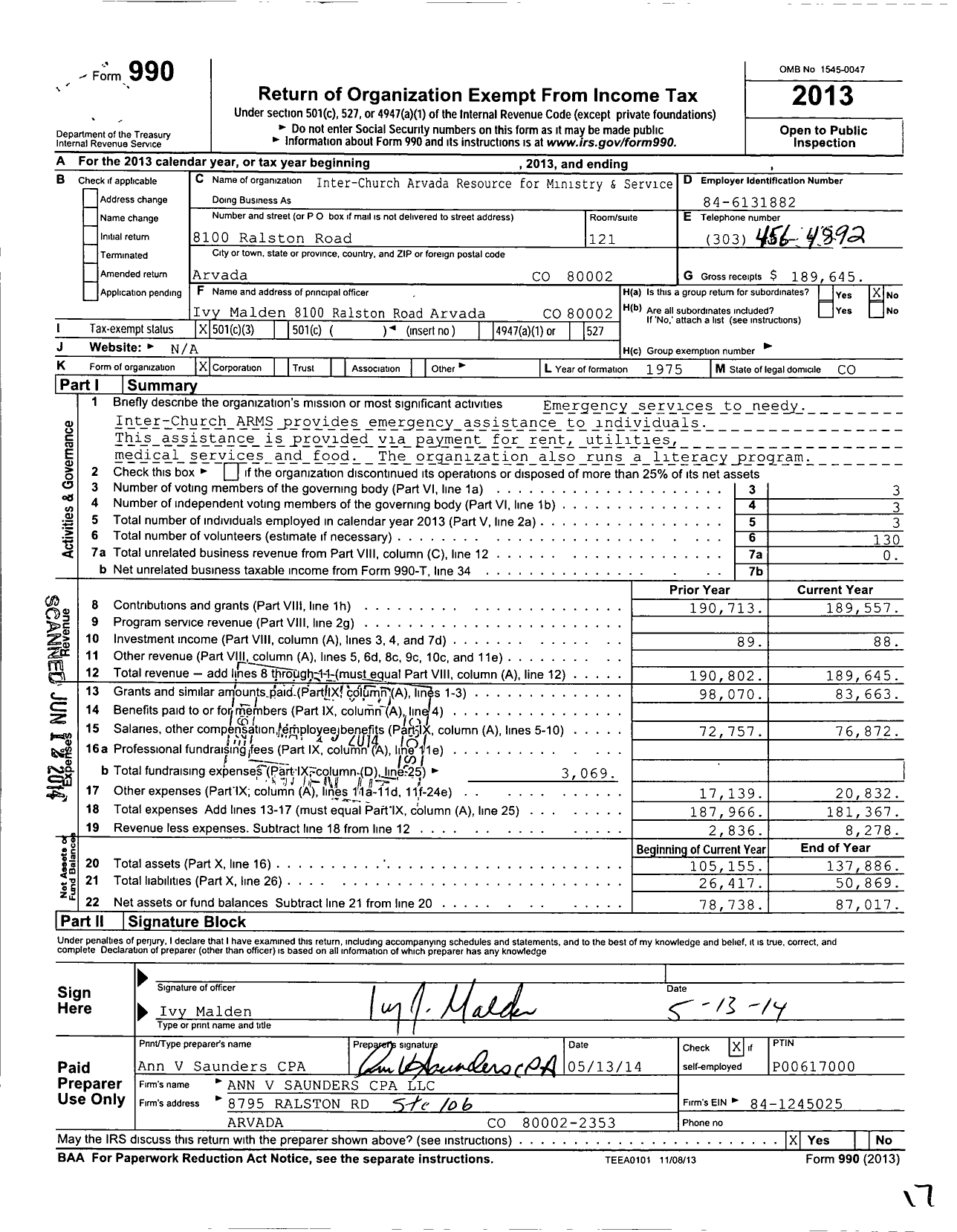 Image of first page of 2013 Form 990 for Inter-Church Arvada Resource for Ministry & Service