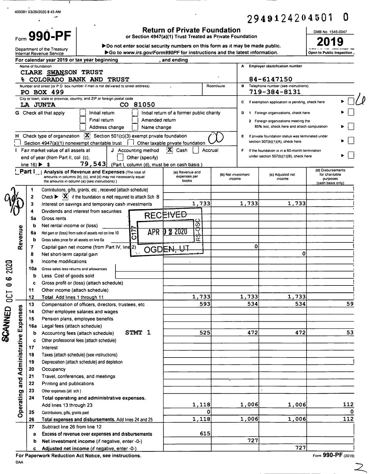 Image of first page of 2019 Form 990PR for Clare Swanson Trust