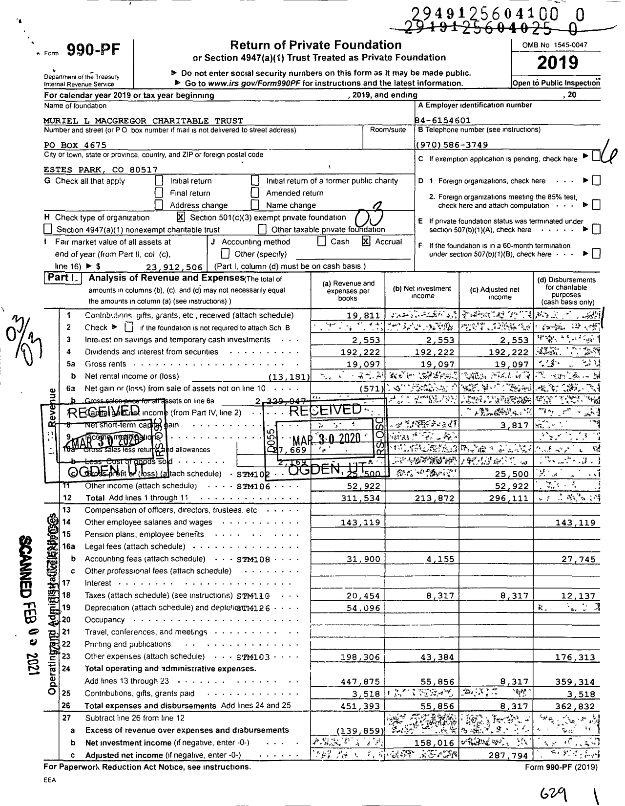 Image of first page of 2019 Form 990PF for Muriel L Macgregor Charitable Trust