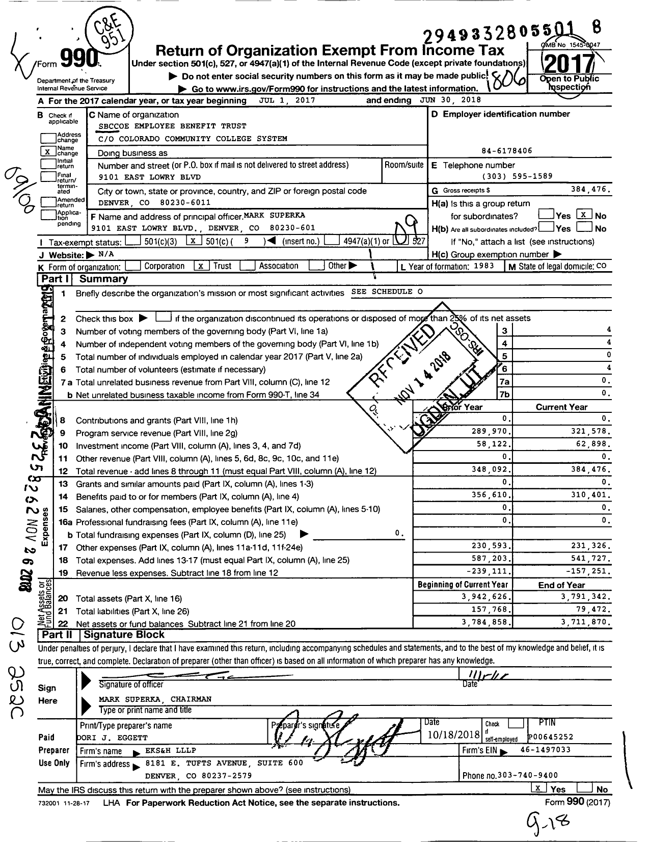 Image of first page of 2017 Form 990O for Sbccoe Employee Benefit Trust