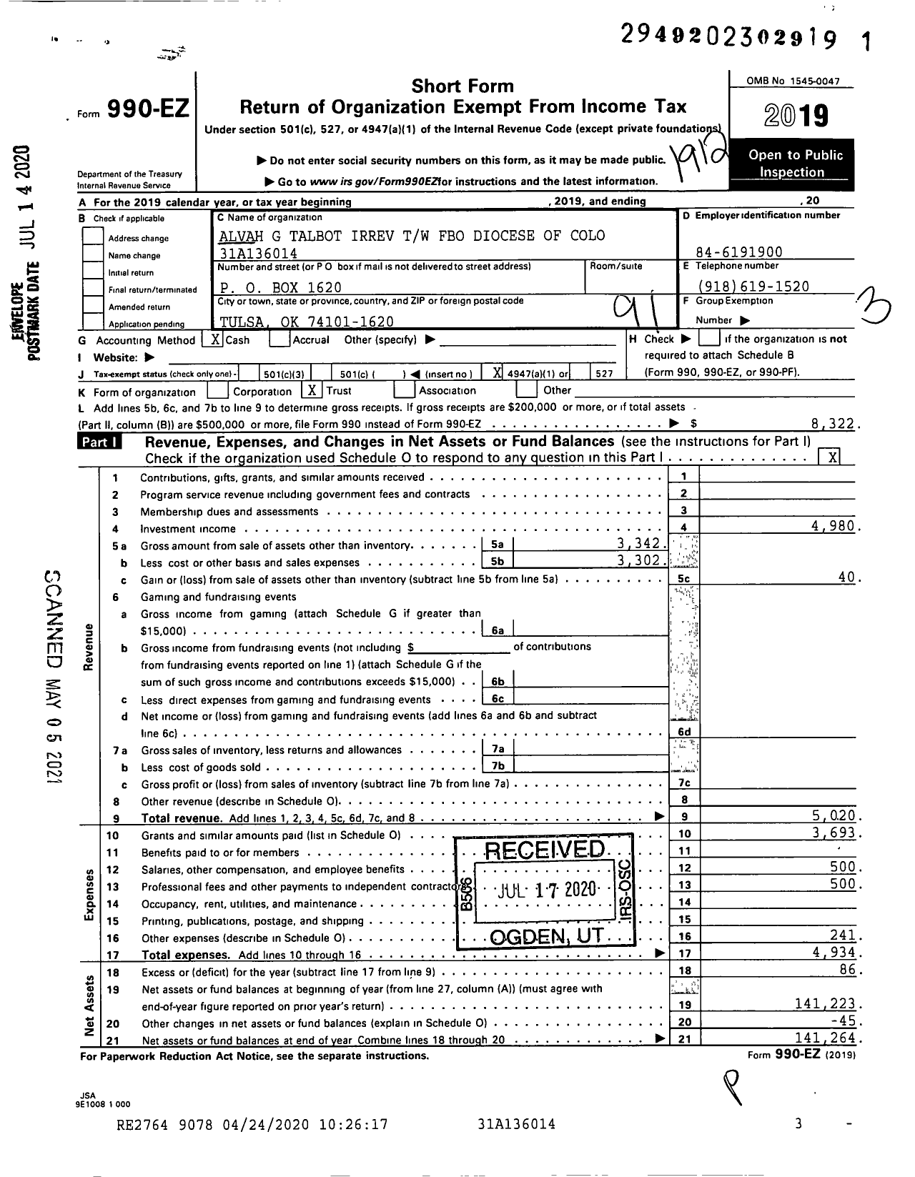 Image of first page of 2019 Form 990EO for Alvah G Talbot Irrev TW Fbo Diocese of Colo
