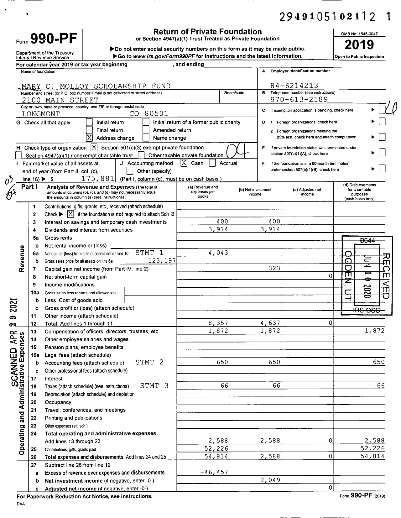 Image of first page of 2019 Form 990PF for Mary C Molloy Scholarship Fund