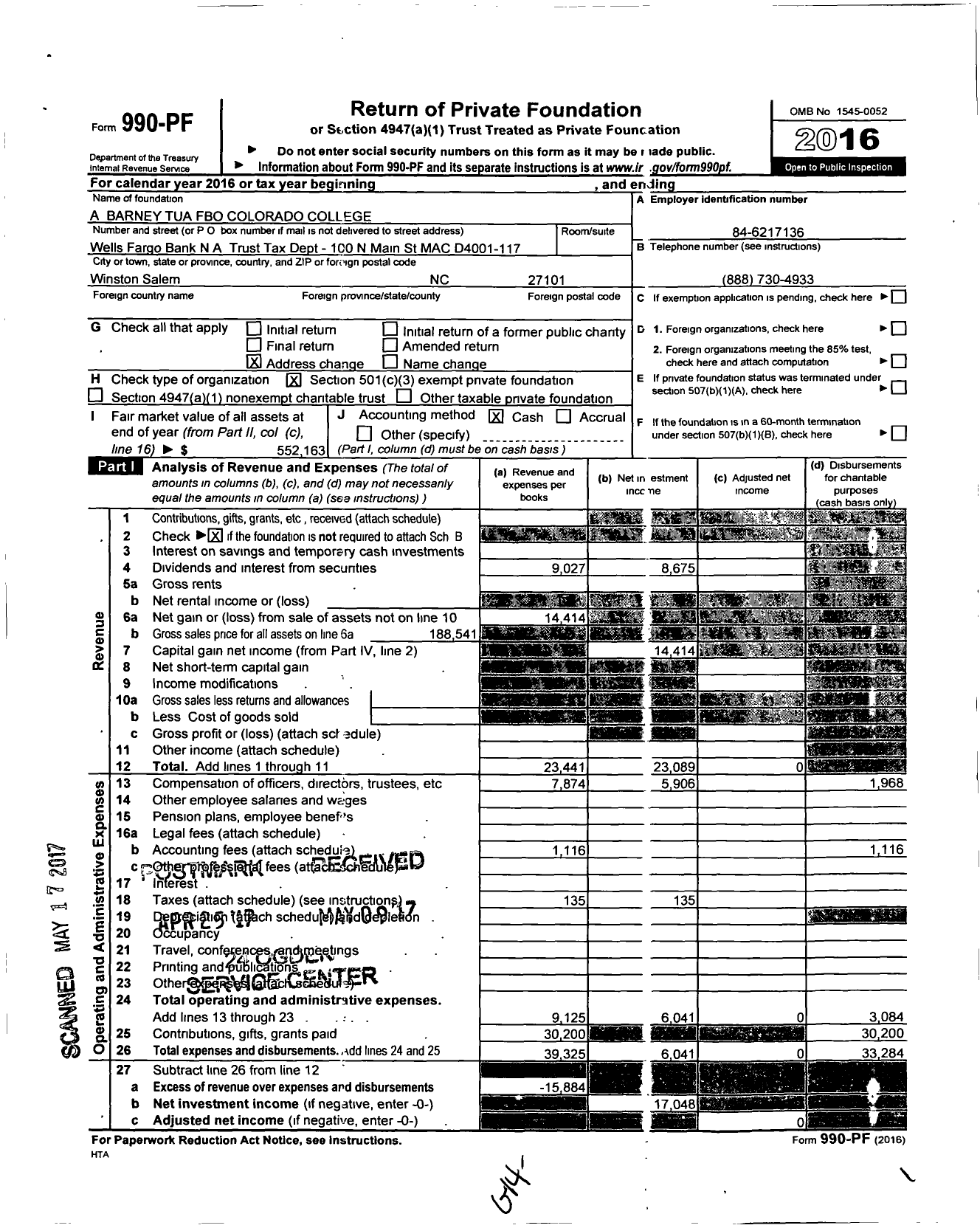 Image of first page of 2016 Form 990PF for A Barney Tua Fbo Colorado College