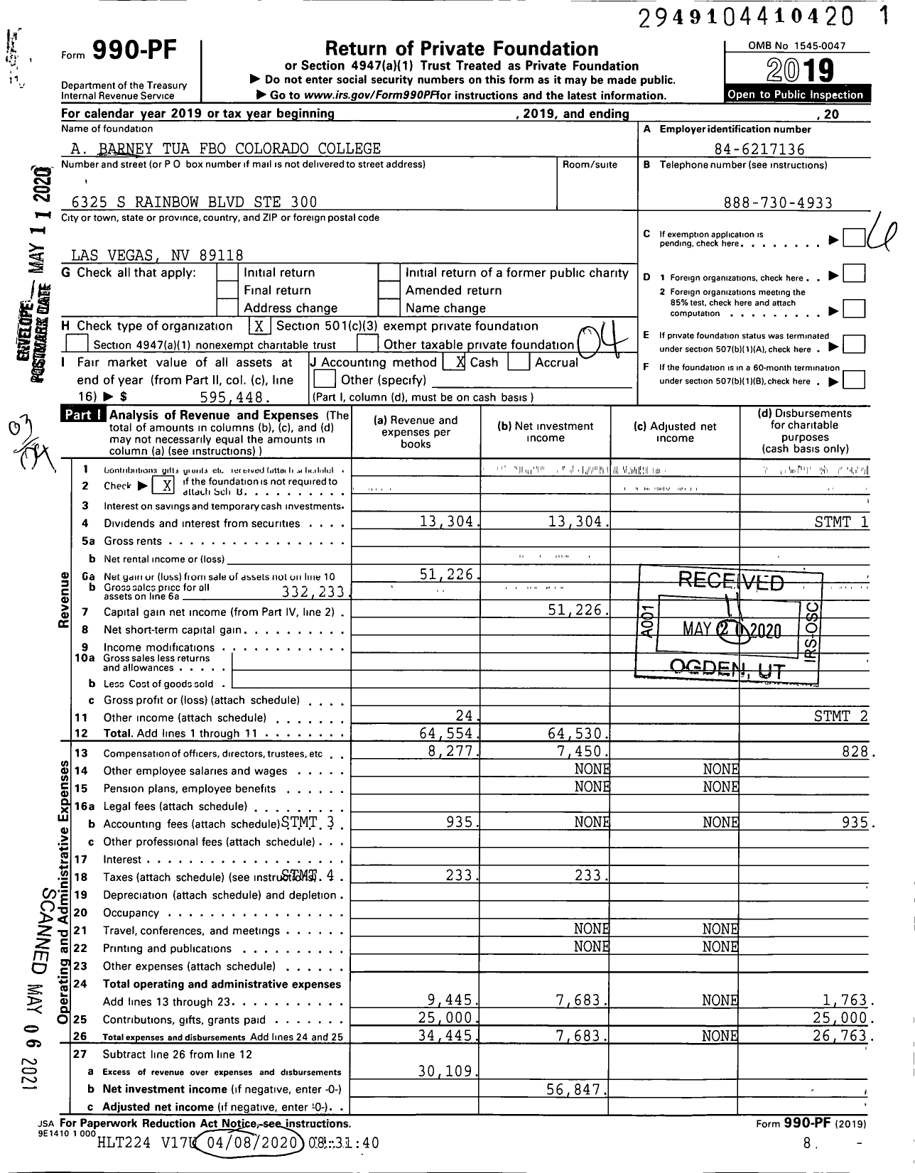 Image of first page of 2019 Form 990PF for A Barney Tua Fbo Colorado College