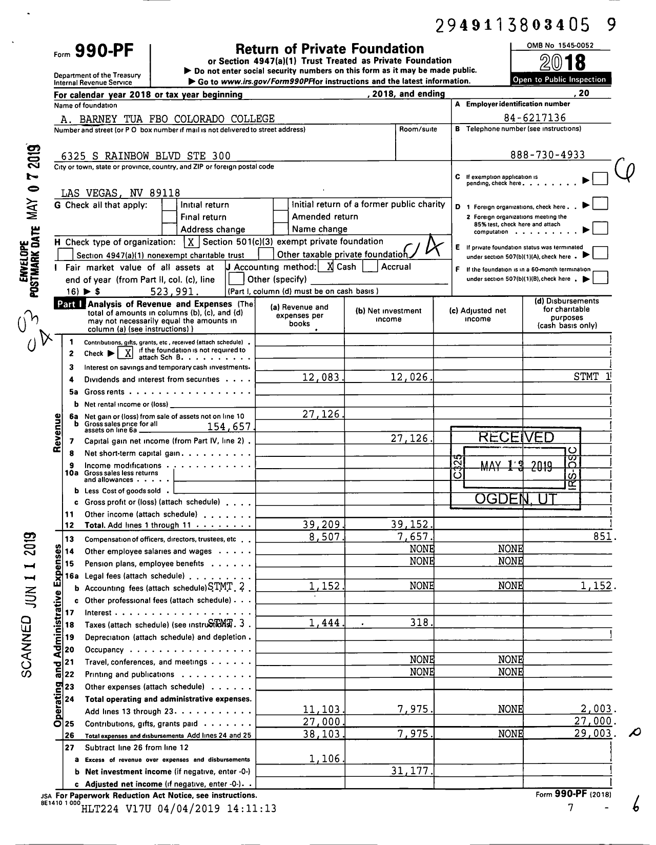 Image of first page of 2018 Form 990PF for A Barney Tua Fbo Colorado College