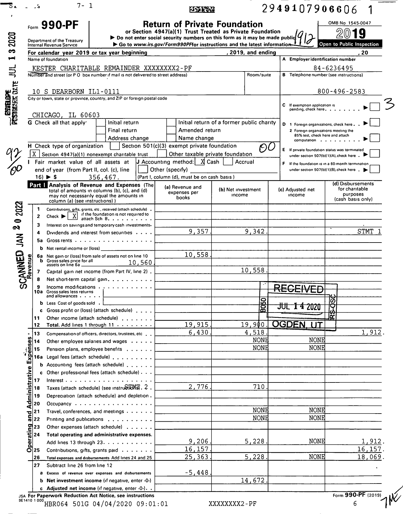 Image of first page of 2019 Form 990PF for Kester Charitable Remainder XXXXX5002