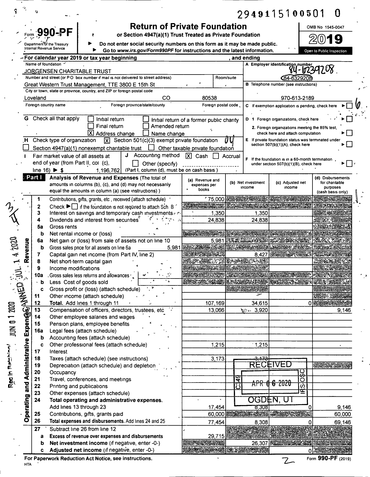 Image of first page of 2019 Form 990PR for Jorgensen Charitable Trust