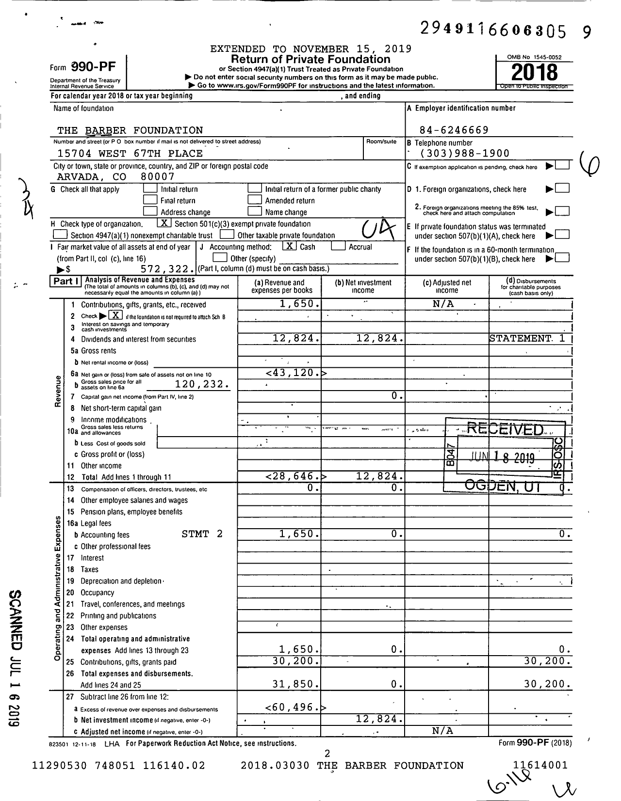 Image of first page of 2018 Form 990PF for The Barber Foundation