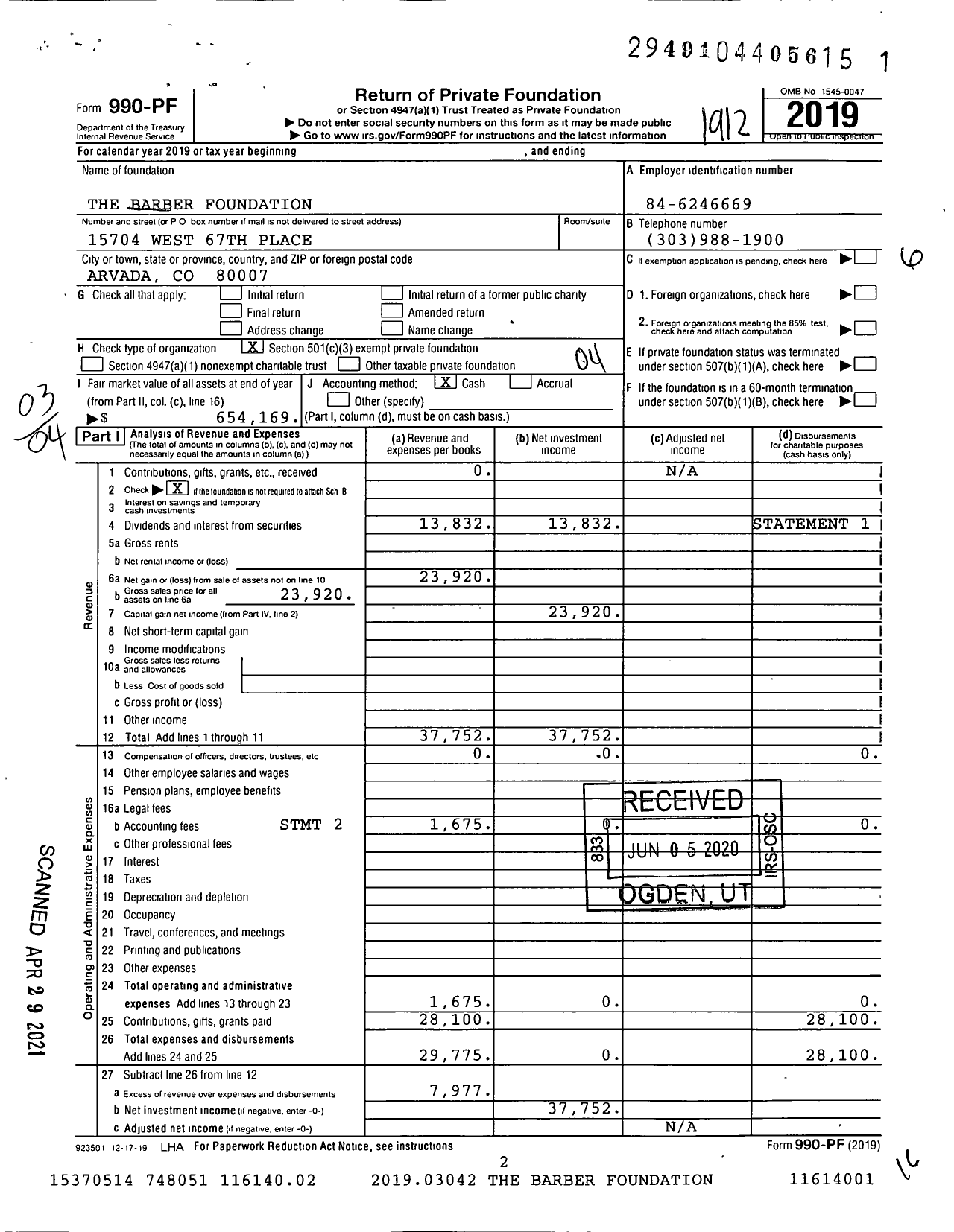 Image of first page of 2019 Form 990PF for The Barber Foundation