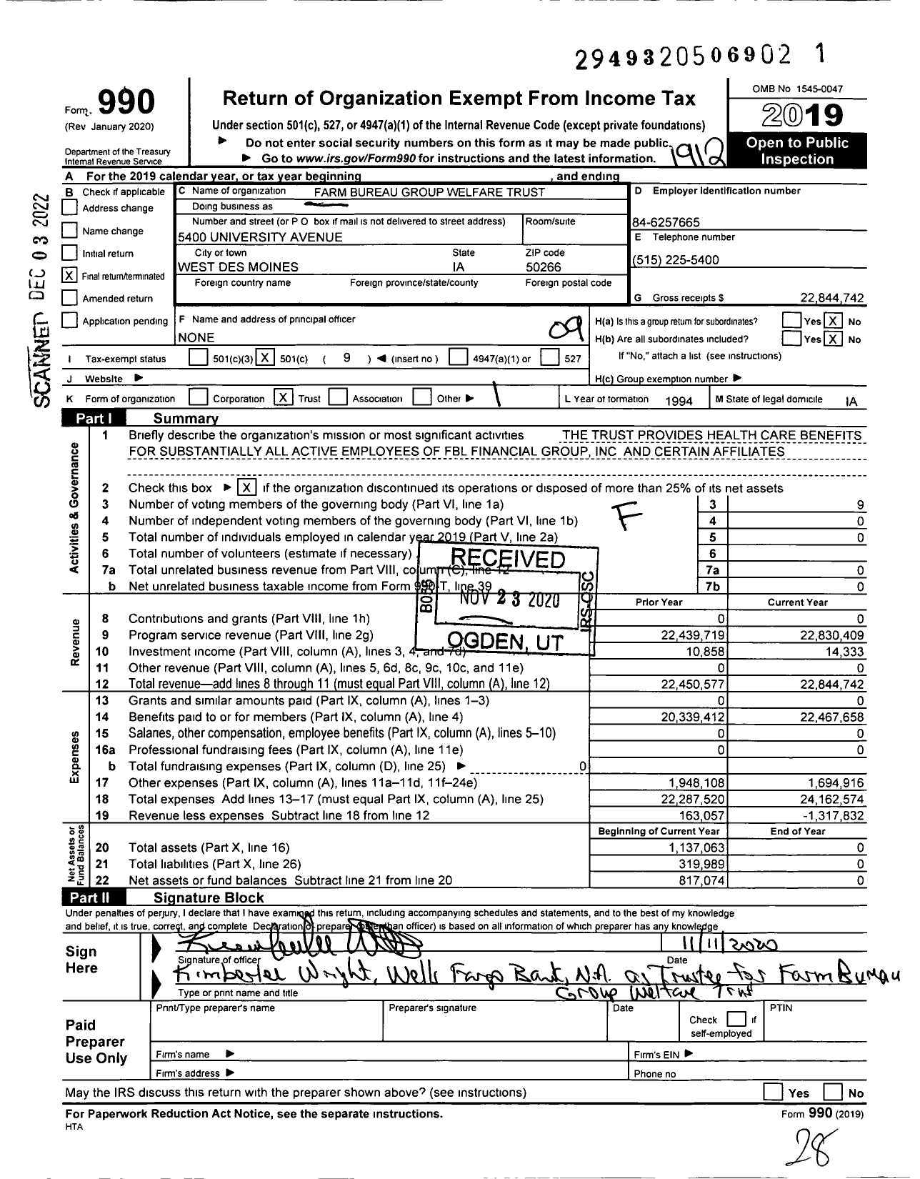 Image of first page of 2019 Form 990O for Farm Bureau Group Welfare Trust