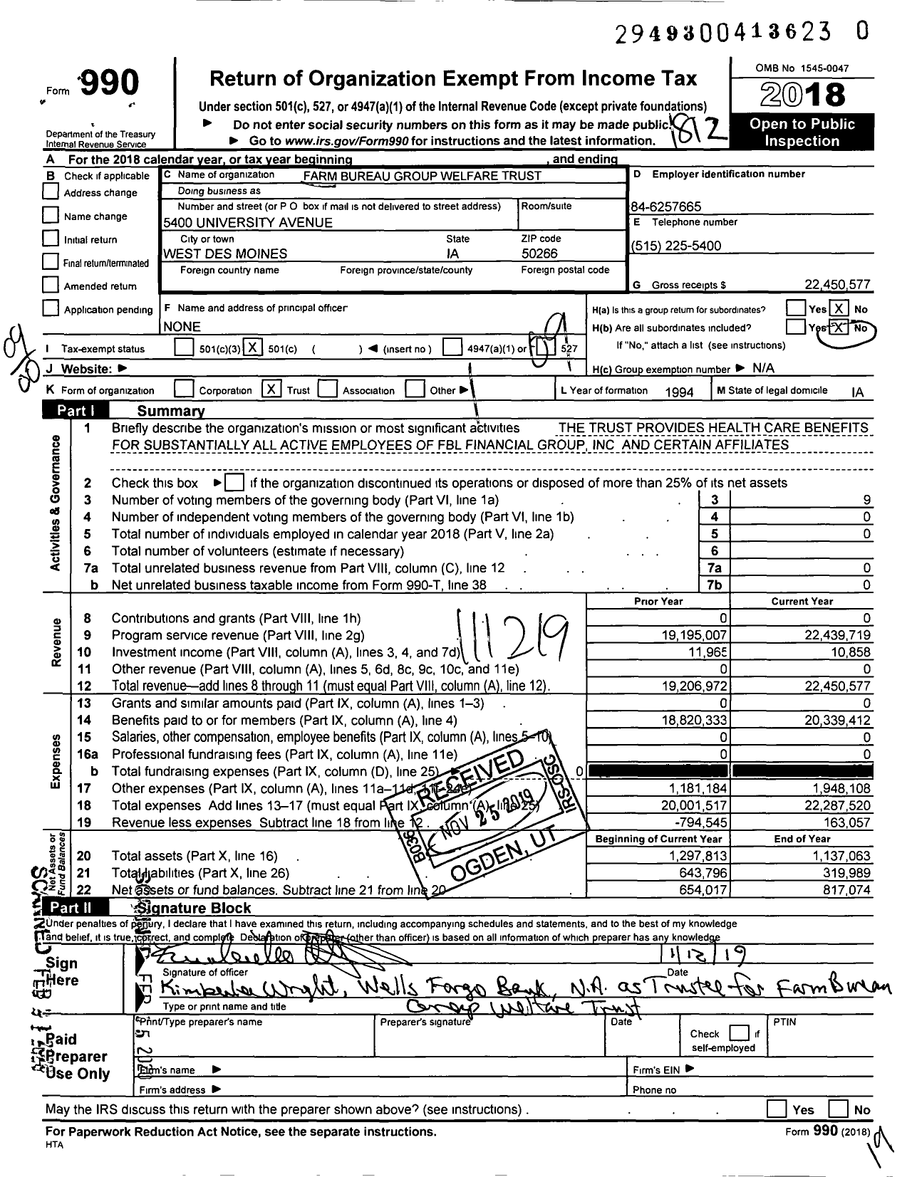 Image of first page of 2018 Form 990O for Farm Bureau Group Welfare Trust