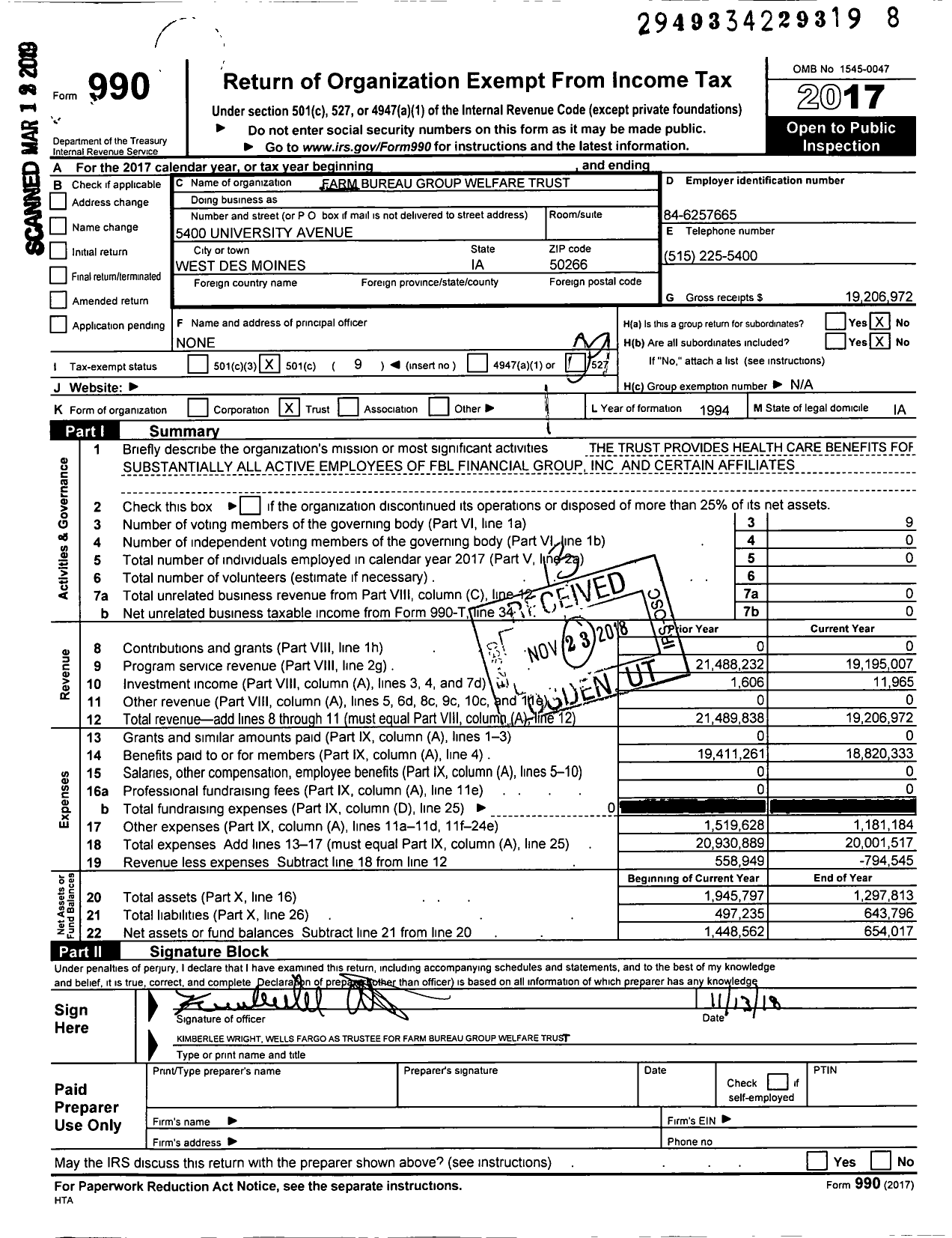 Image of first page of 2017 Form 990O for Farm Bureau Group Welfare Trust