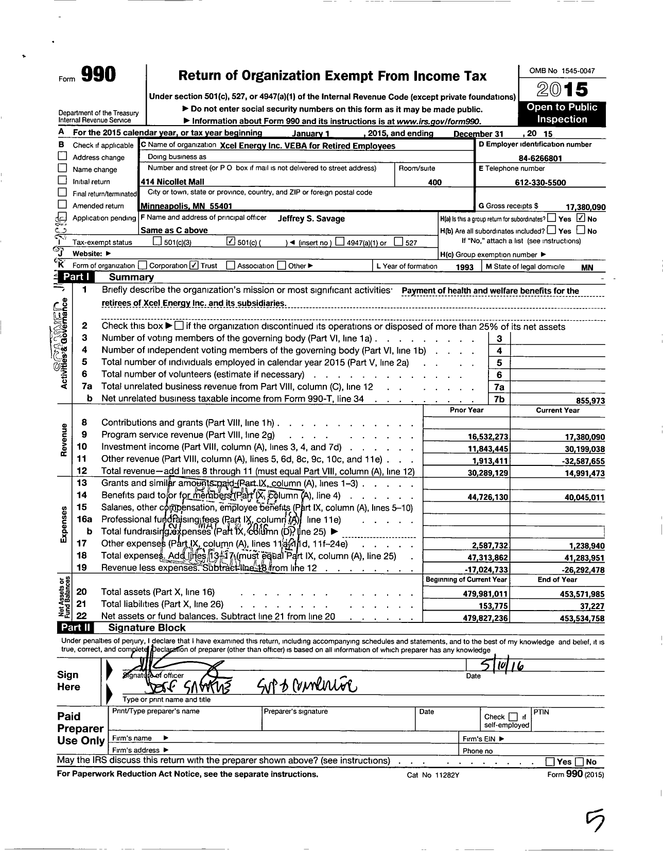 Image of first page of 2015 Form 990O for Xcel Energy VEBA for Retired Employees