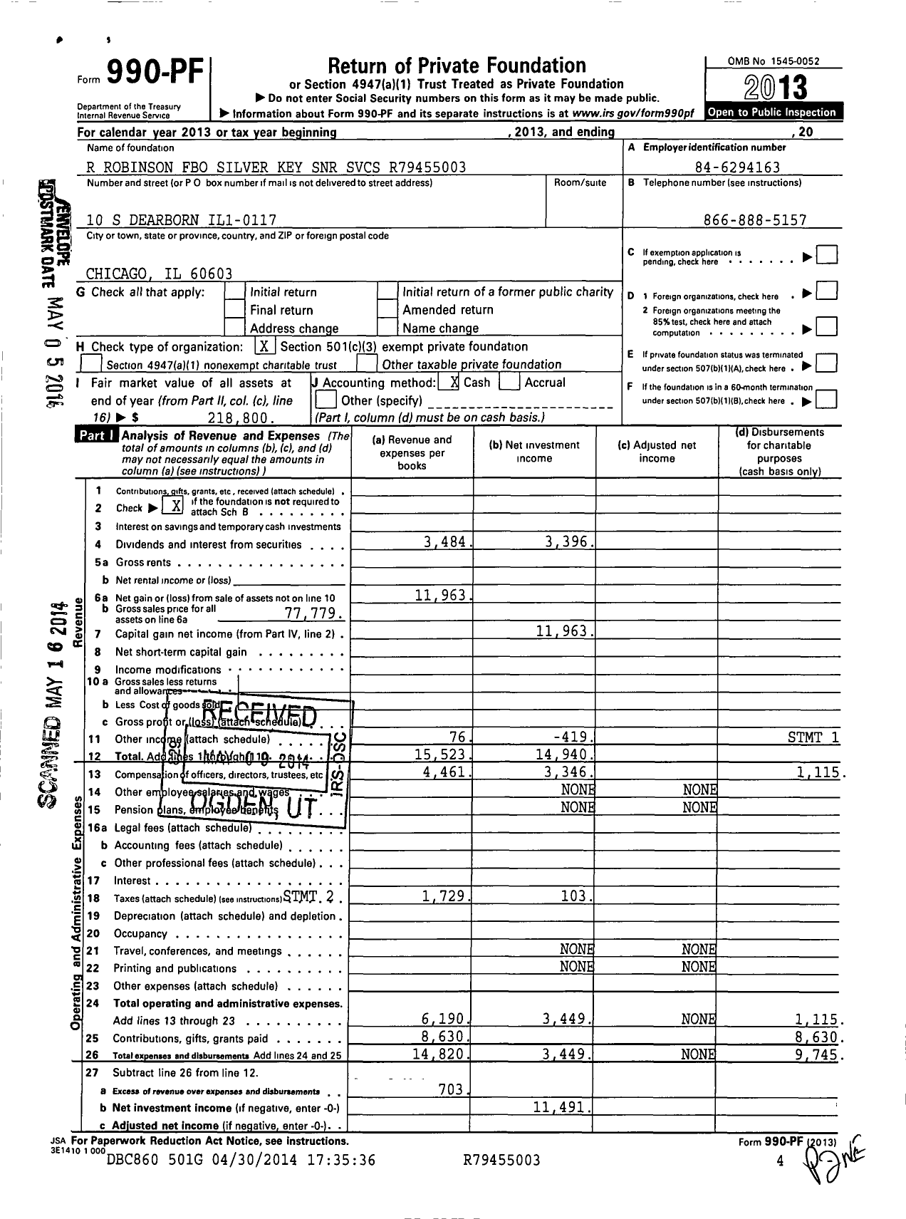 Image of first page of 2013 Form 990PF for R Robinson Fbo Silver Key SNR SVCS