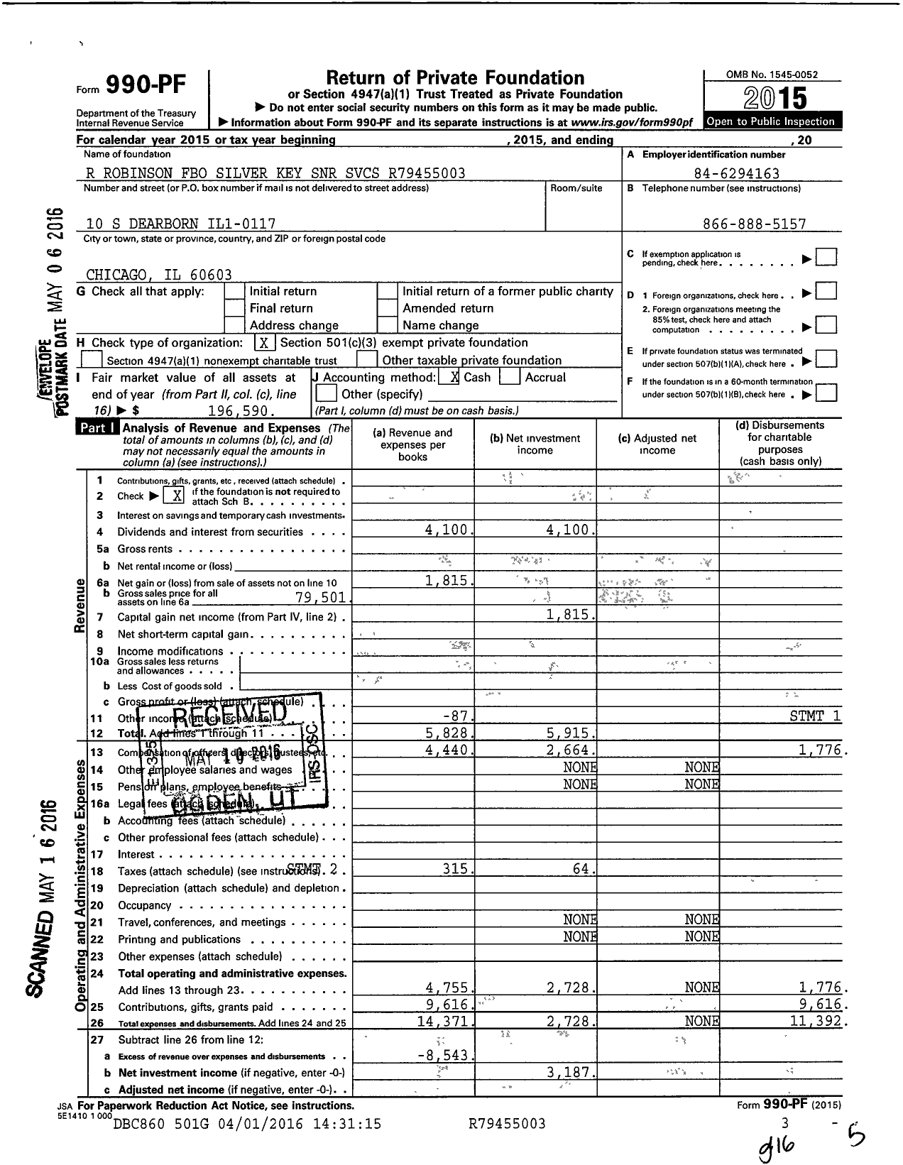 Image of first page of 2015 Form 990PF for R Robinson Fbo Silver Key SNR SVCS