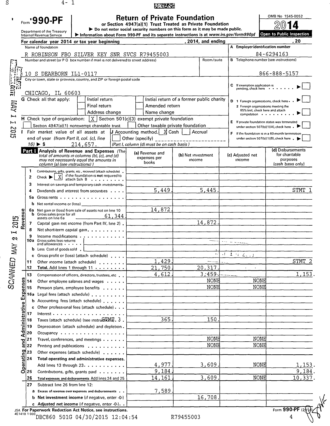 Image of first page of 2014 Form 990PF for R Robinson Fbo Silver Key SNR SVCS