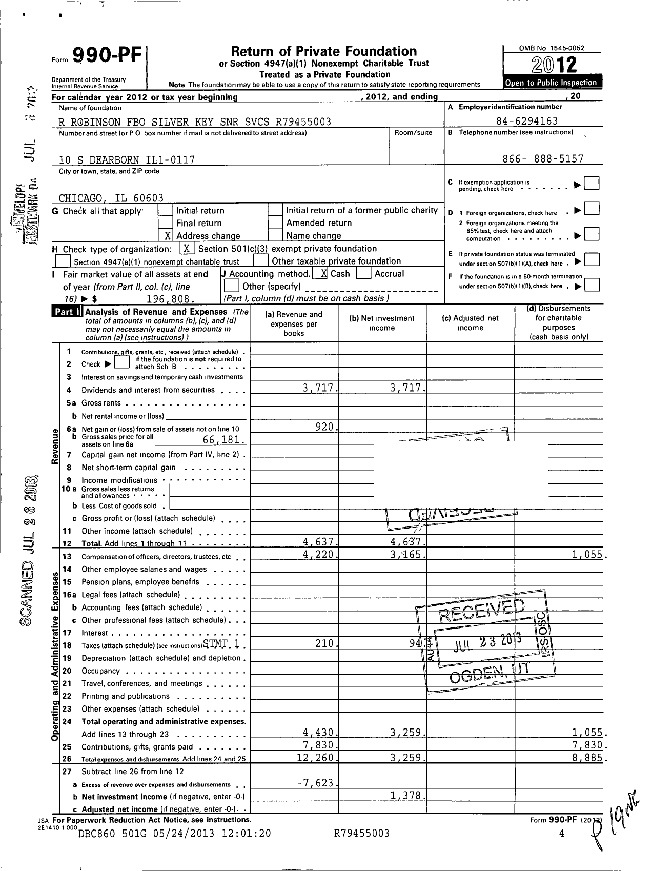 Image of first page of 2012 Form 990PF for R Robinson Fbo Silver Key SNR SVCS