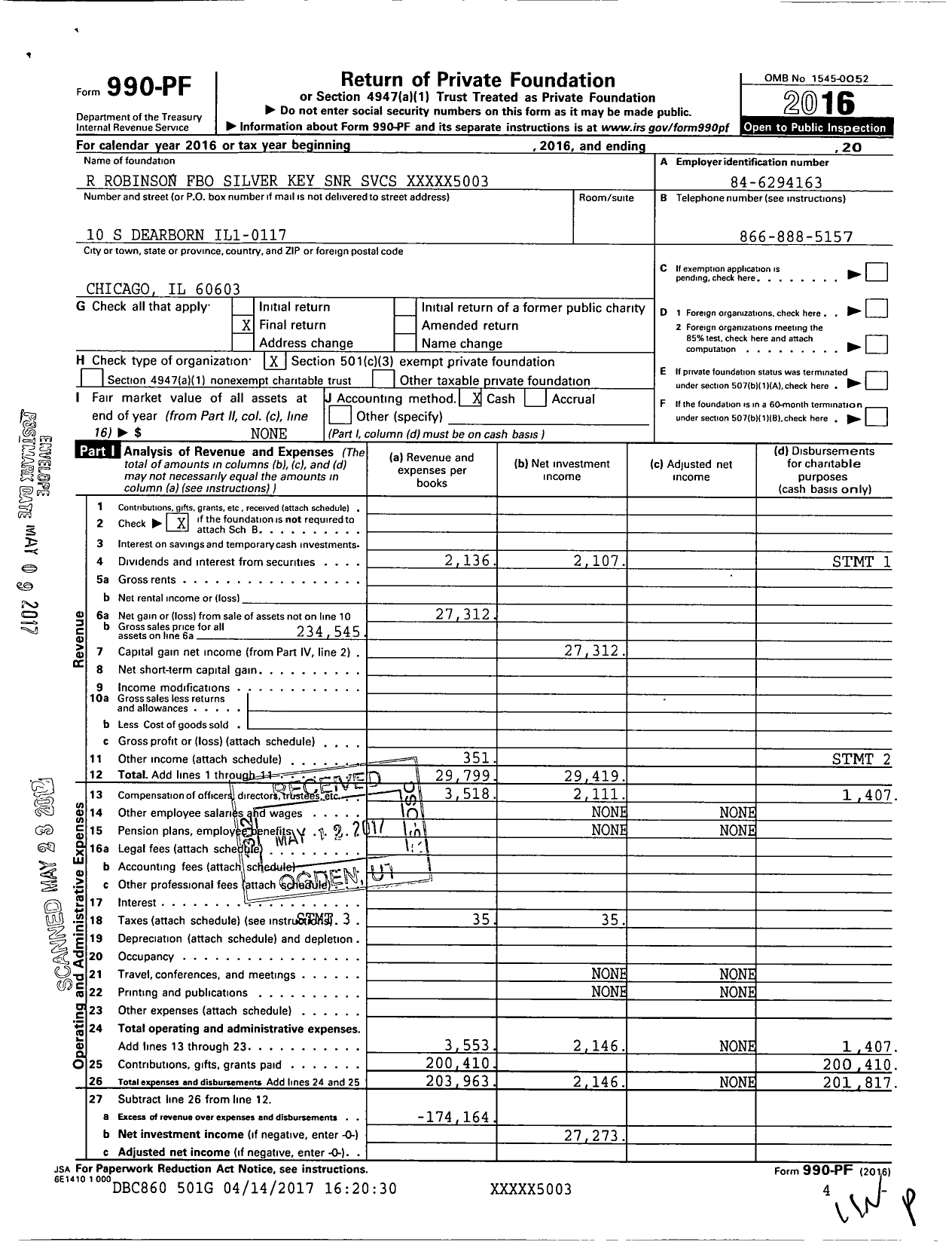 Image of first page of 2016 Form 990PF for R Robinson Fbo Silver Key SNR SVCS