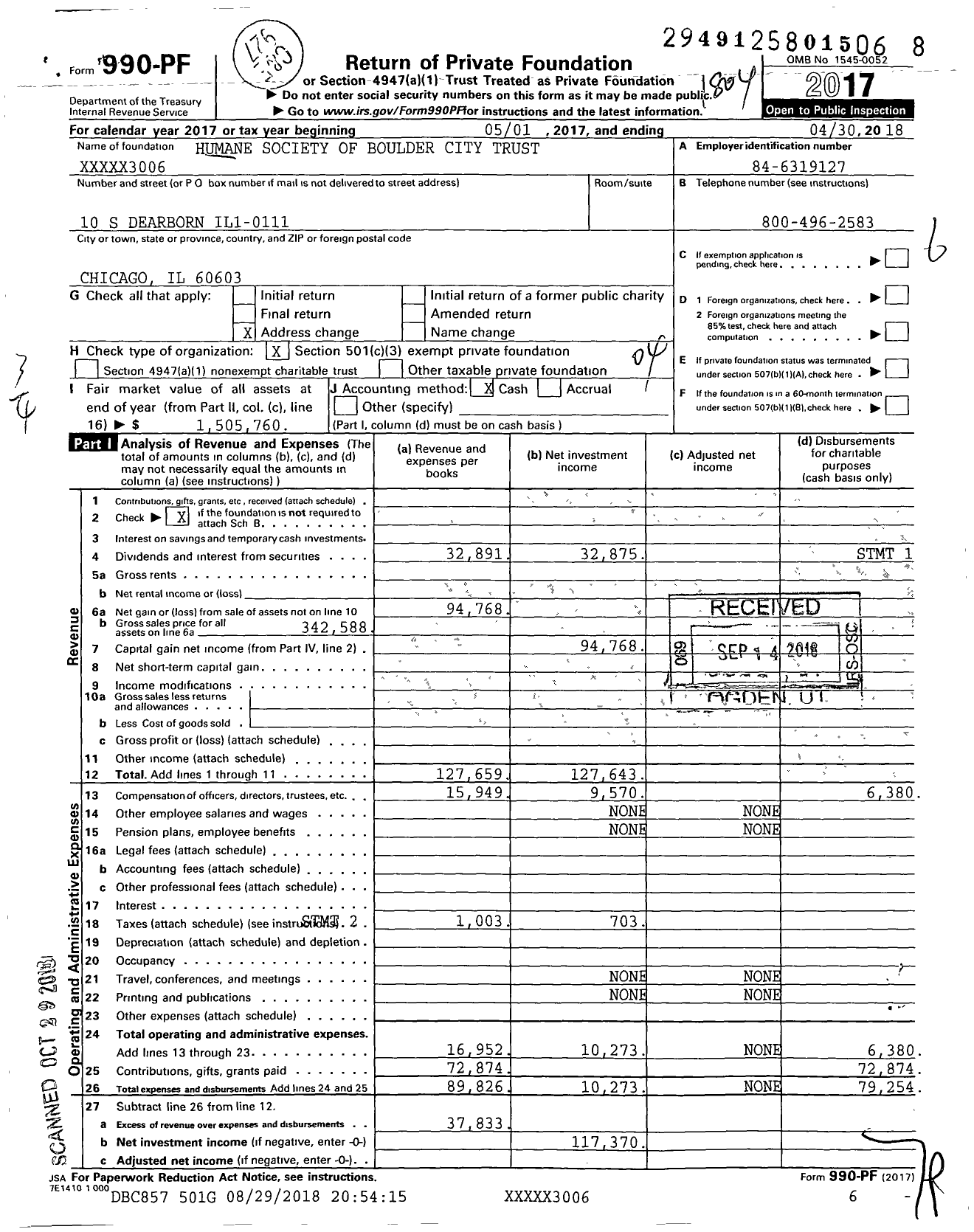 Image of first page of 2017 Form 990PF for Humane Society of Boulder City Trust