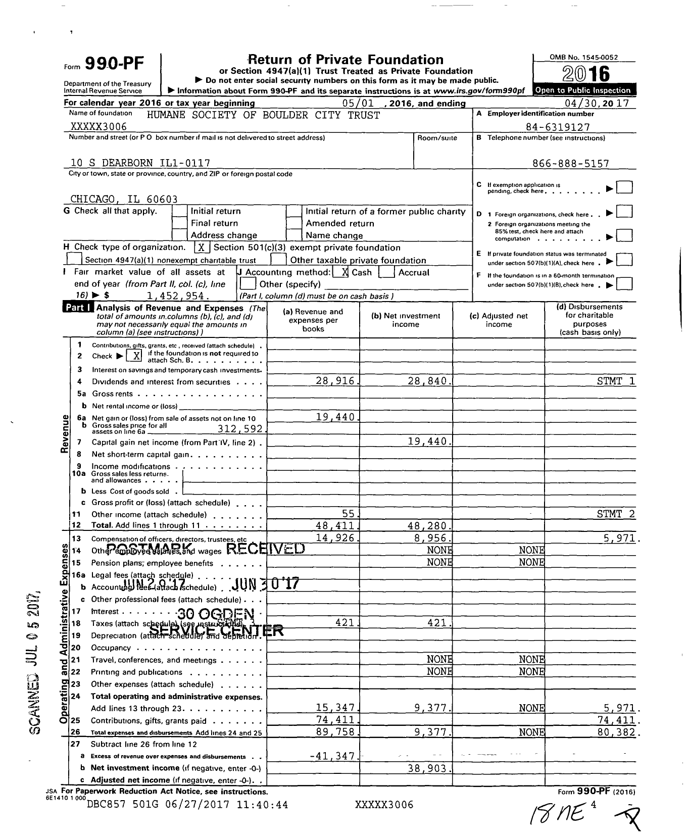 Image of first page of 2016 Form 990PF for Humane Society of Boulder City Trust