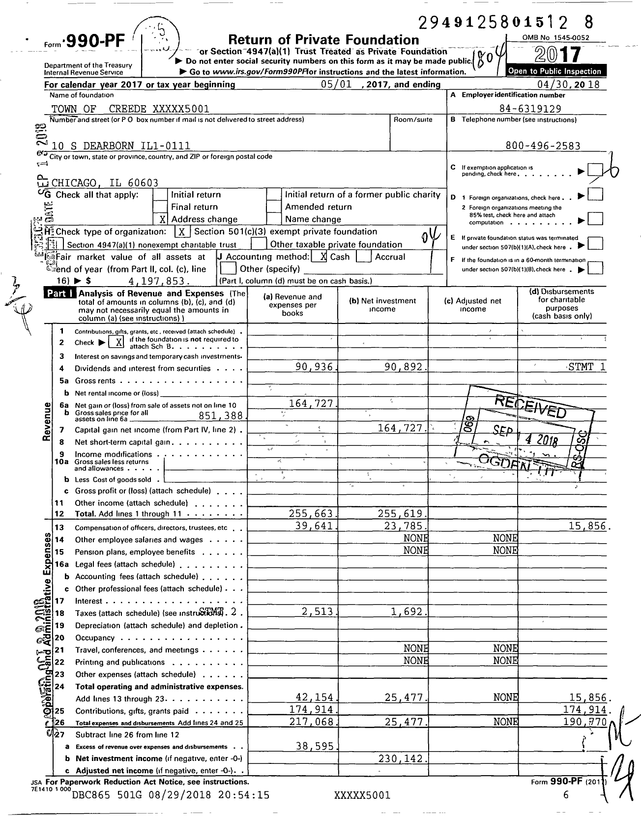 Image of first page of 2017 Form 990PF for Town of Creede XXXXX5001