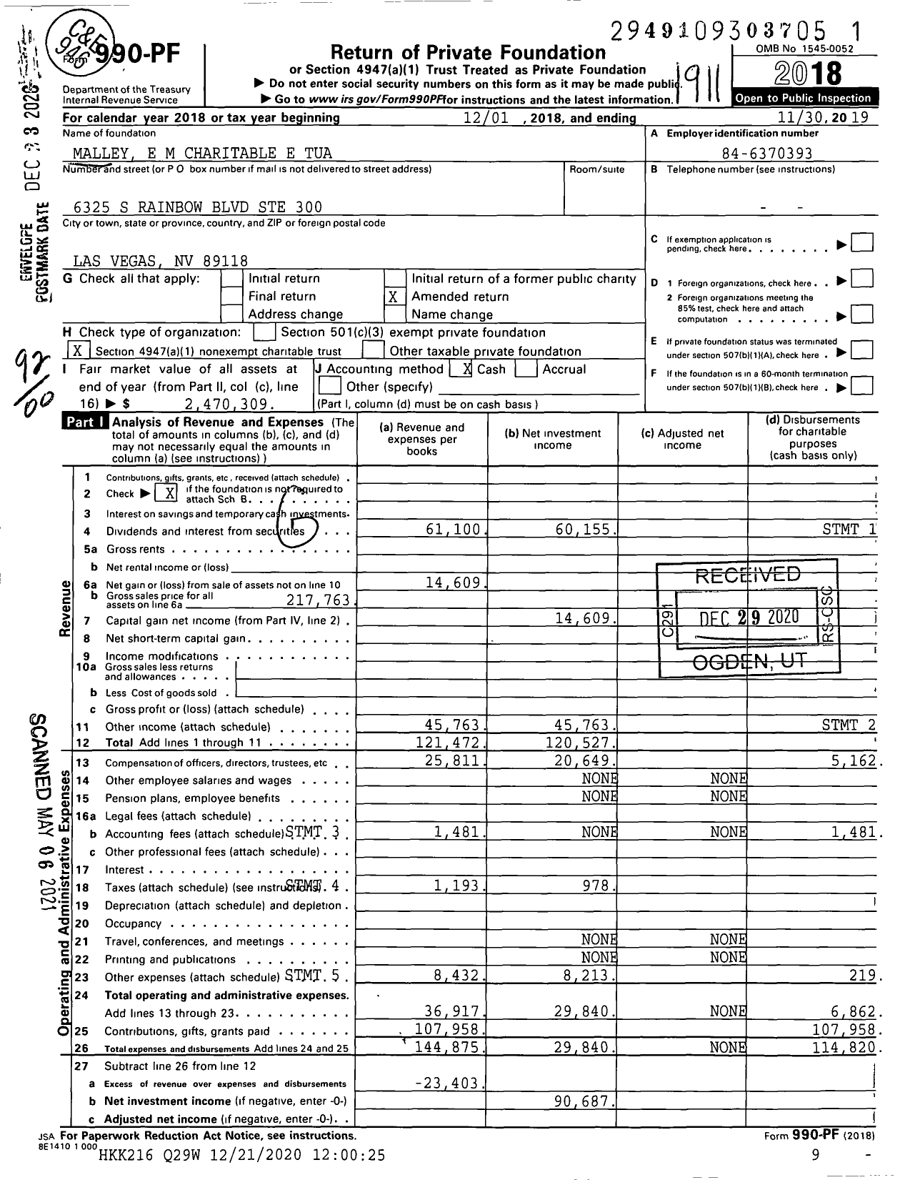 Image of first page of 2018 Form 990PF for Malley E M Charitable E Tua