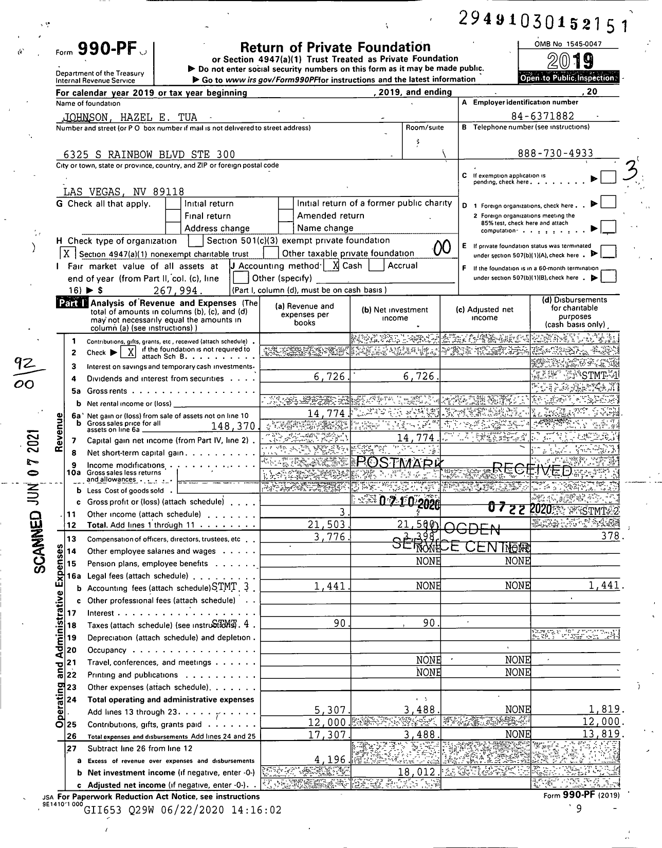 Image of first page of 2019 Form 990PF for Johnson Hazel E Tua