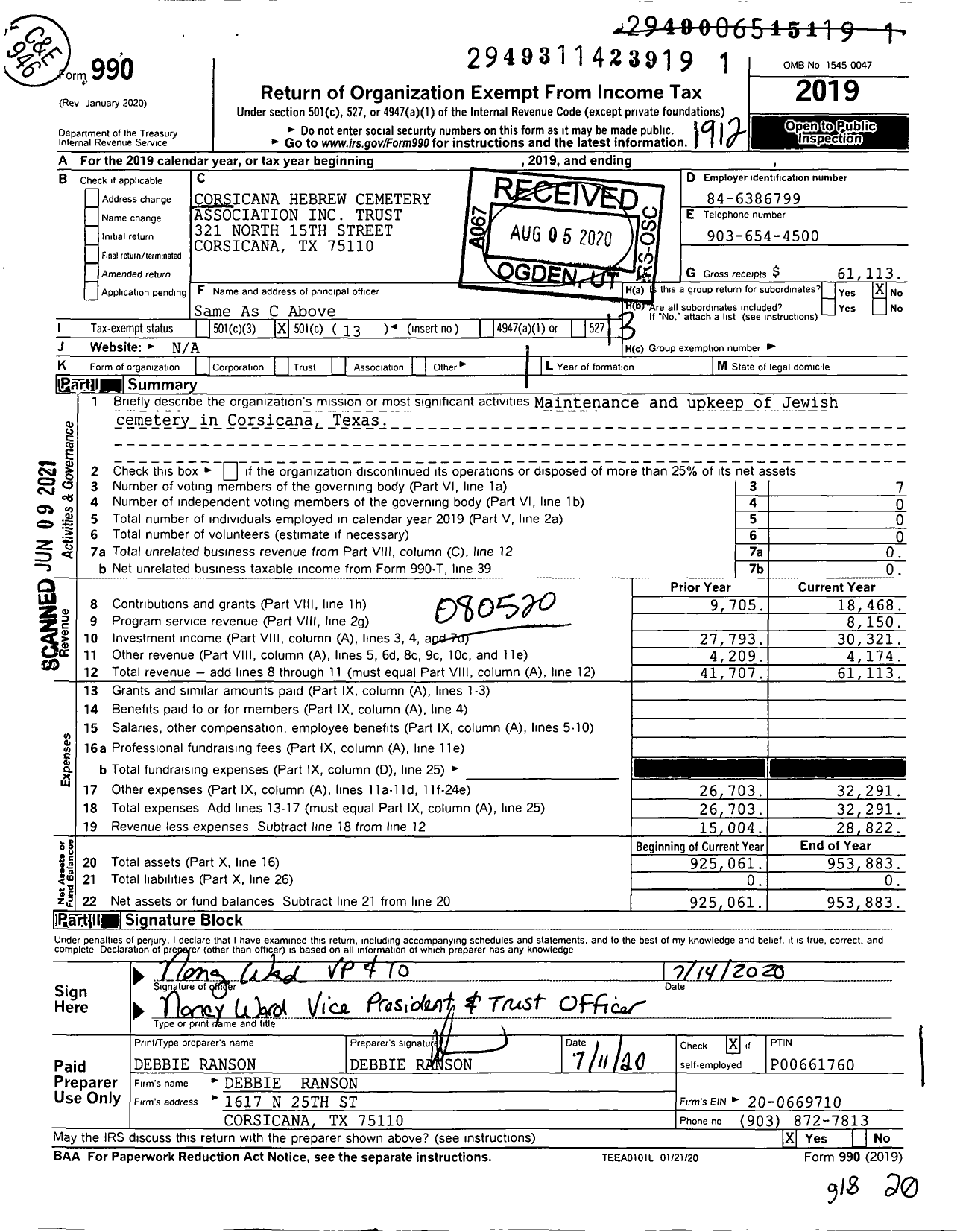 Image of first page of 2019 Form 990O for Corsicana Hebrew Cemetery Association Trust