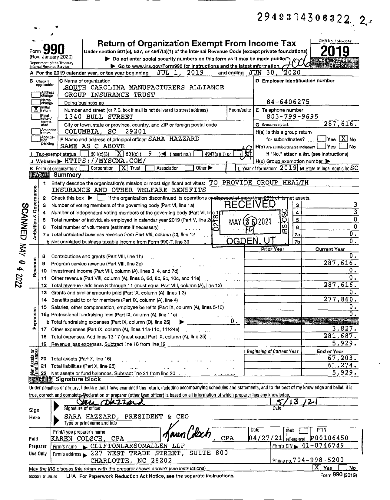 Image of first page of 2019 Form 990O for SC Manufacturers Alliance Group Ins Trust