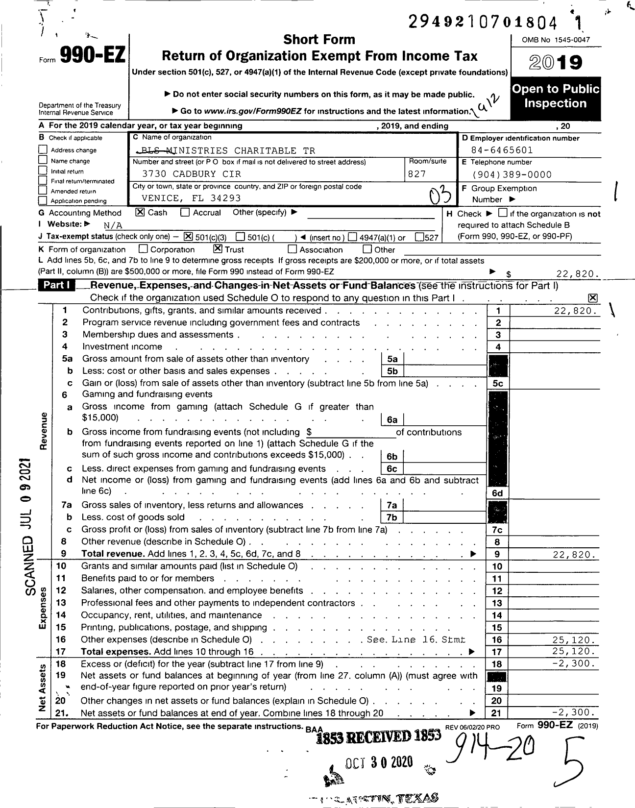 Image of first page of 2019 Form 990EZ for BLS Ministries Charitable Trust