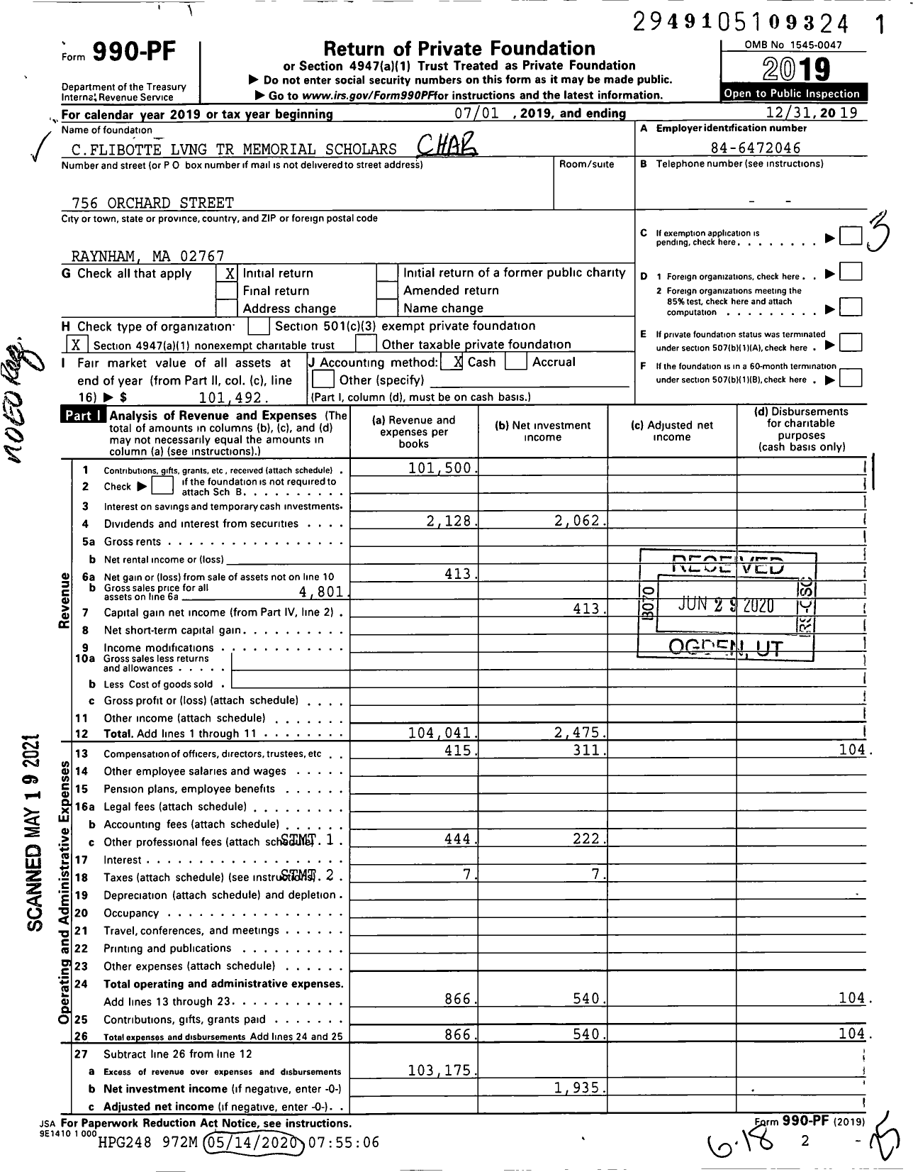 Image of first page of 2019 Form 990PF for Cflibotte LVNG TR Memorial Scholars CX7633