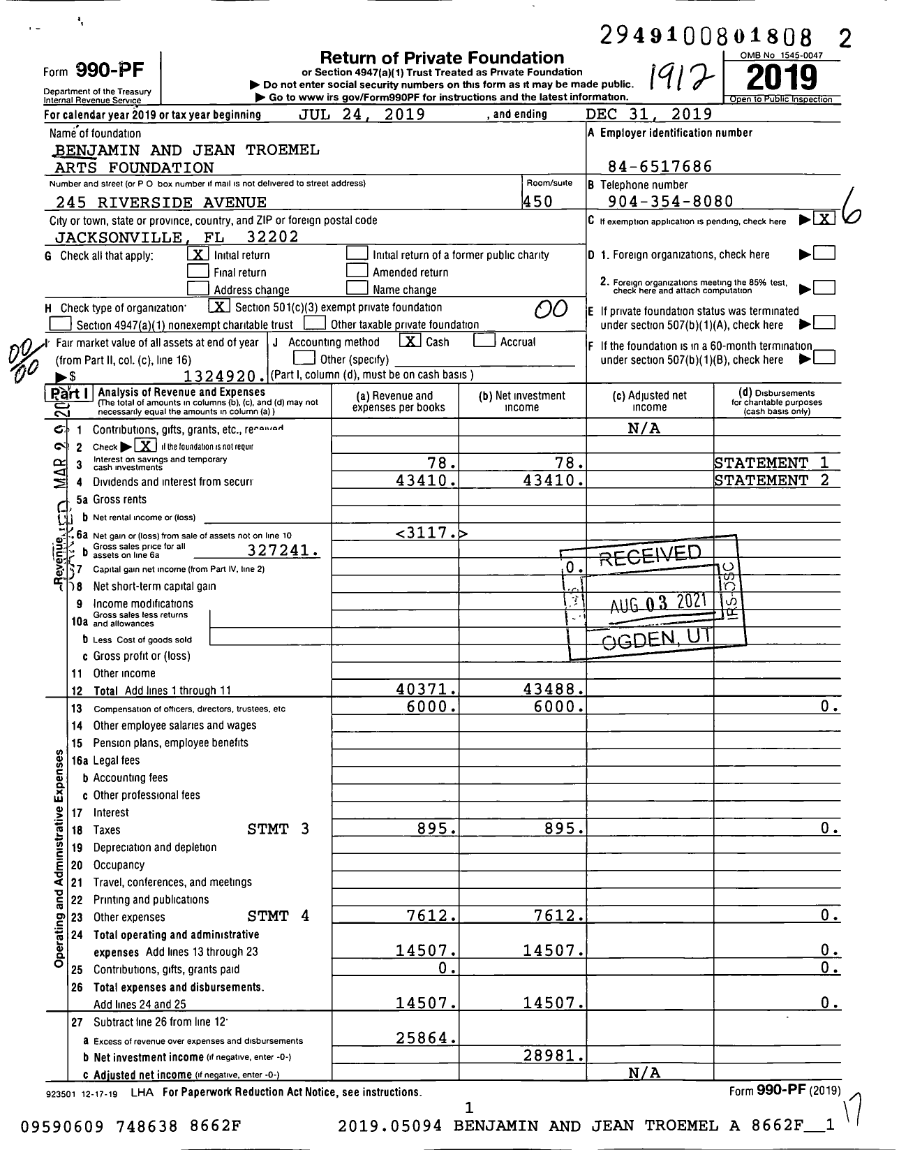 Image of first page of 2019 Form 990PF for Benjamin and Jean Troemel Arts Foundation