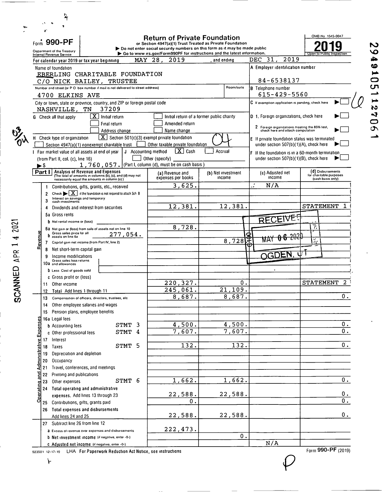 Image of first page of 2019 Form 990PF for Eberling Charitable Foundation Nicholas D Bailey Trustee