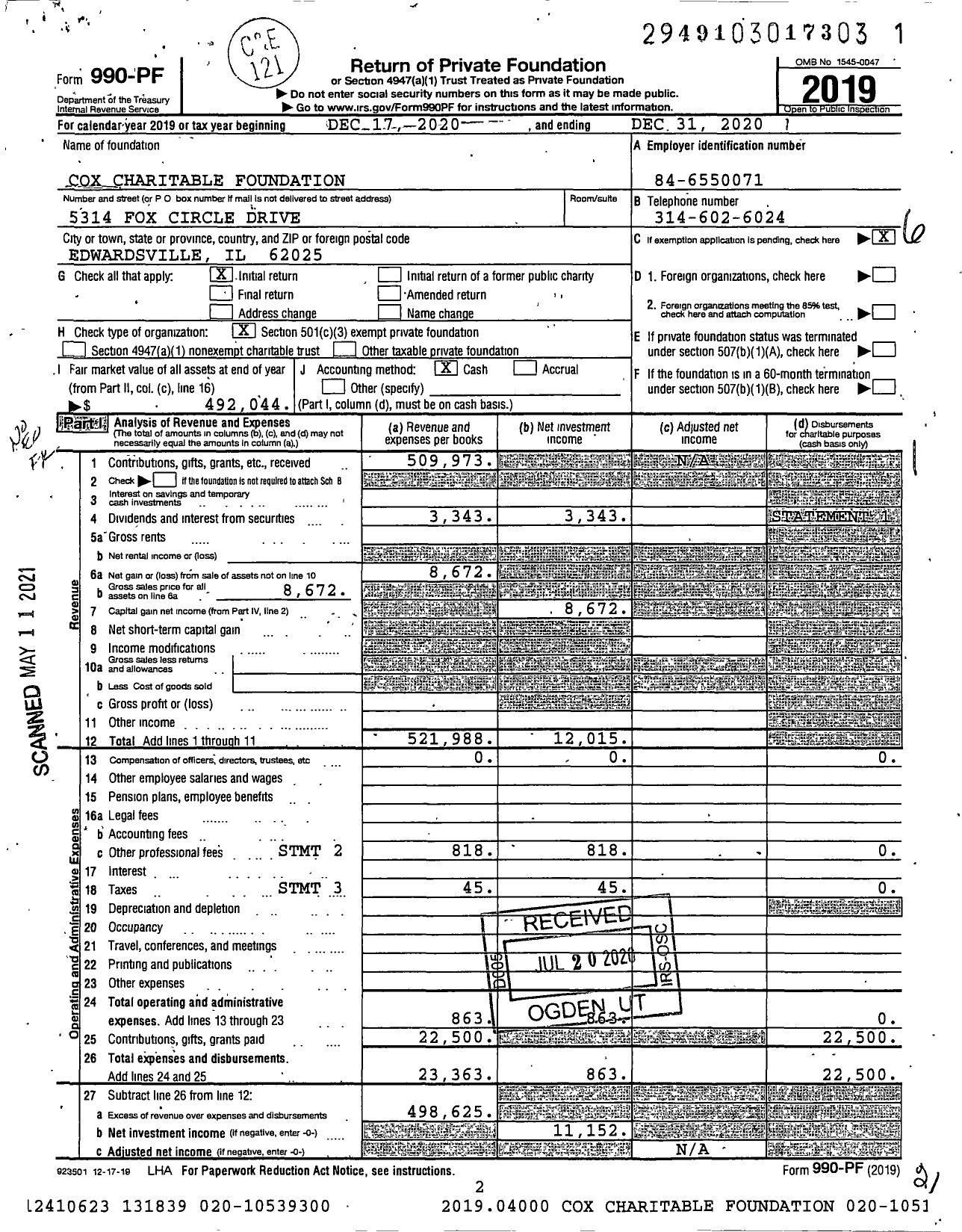 Image of first page of 2020 Form 990PF for Cox Charitable Foundation